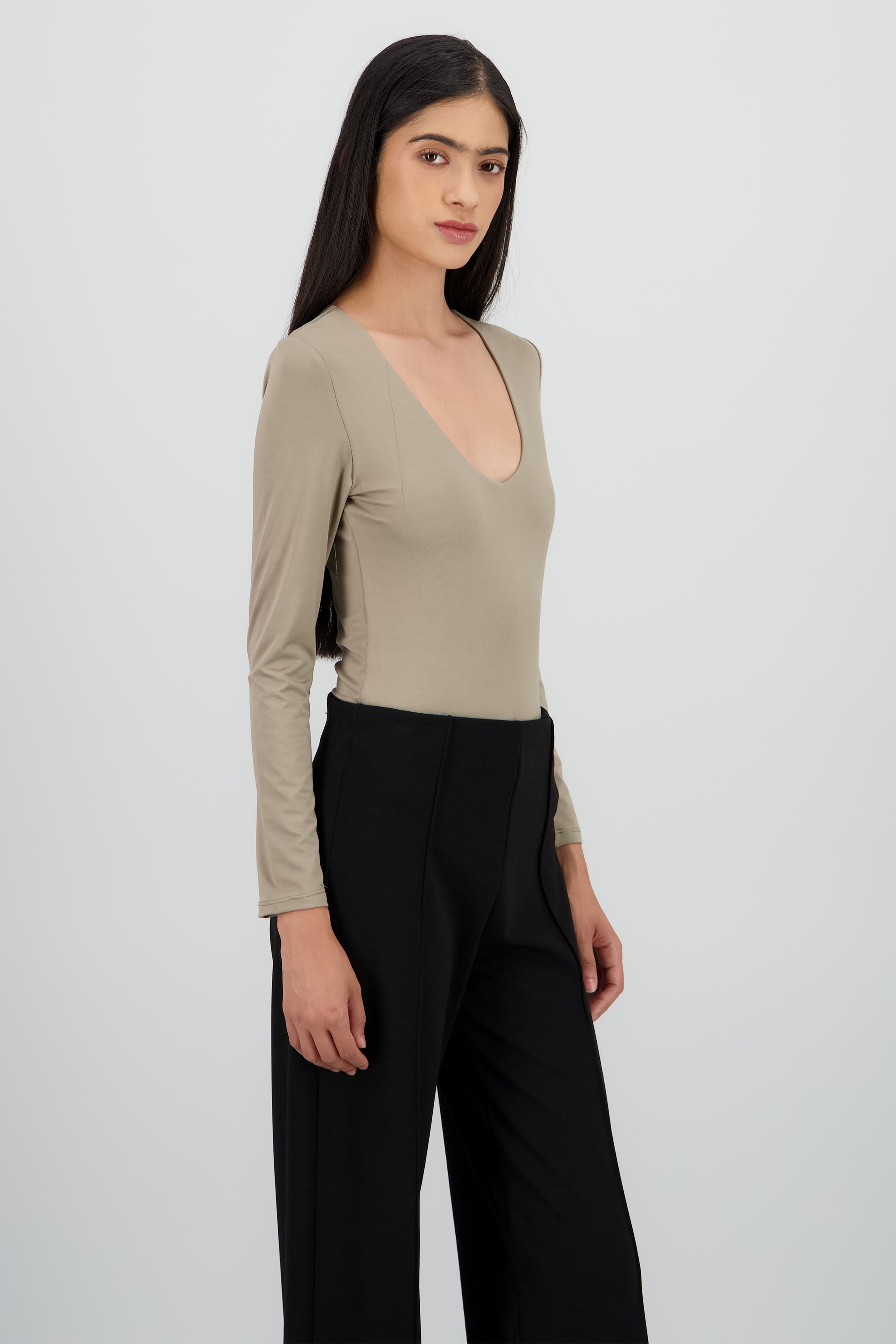 Bodysuit manga larga cuello redondo TAUPE