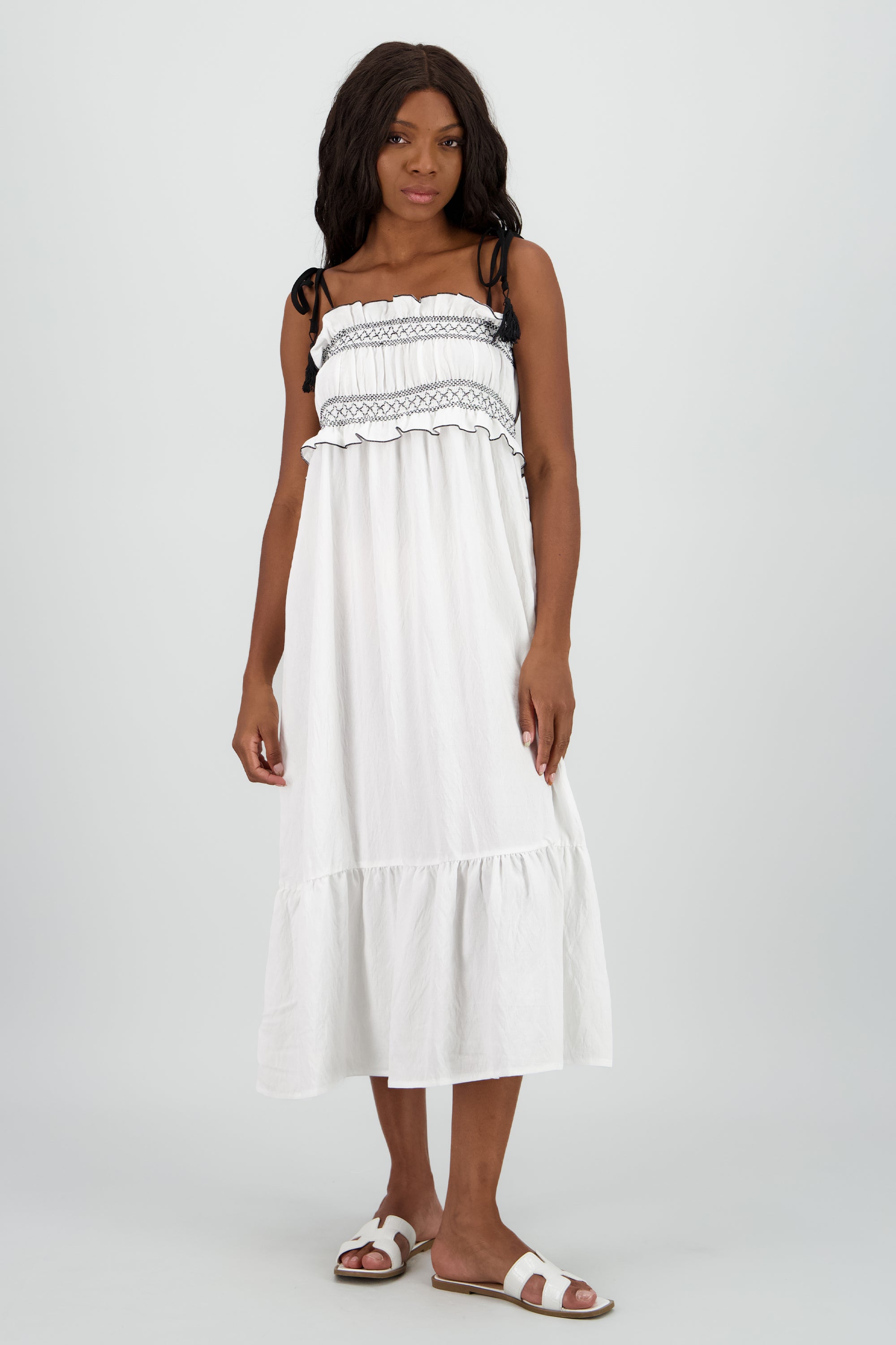 Vestido midi detalle bordado BLANCO COMBO