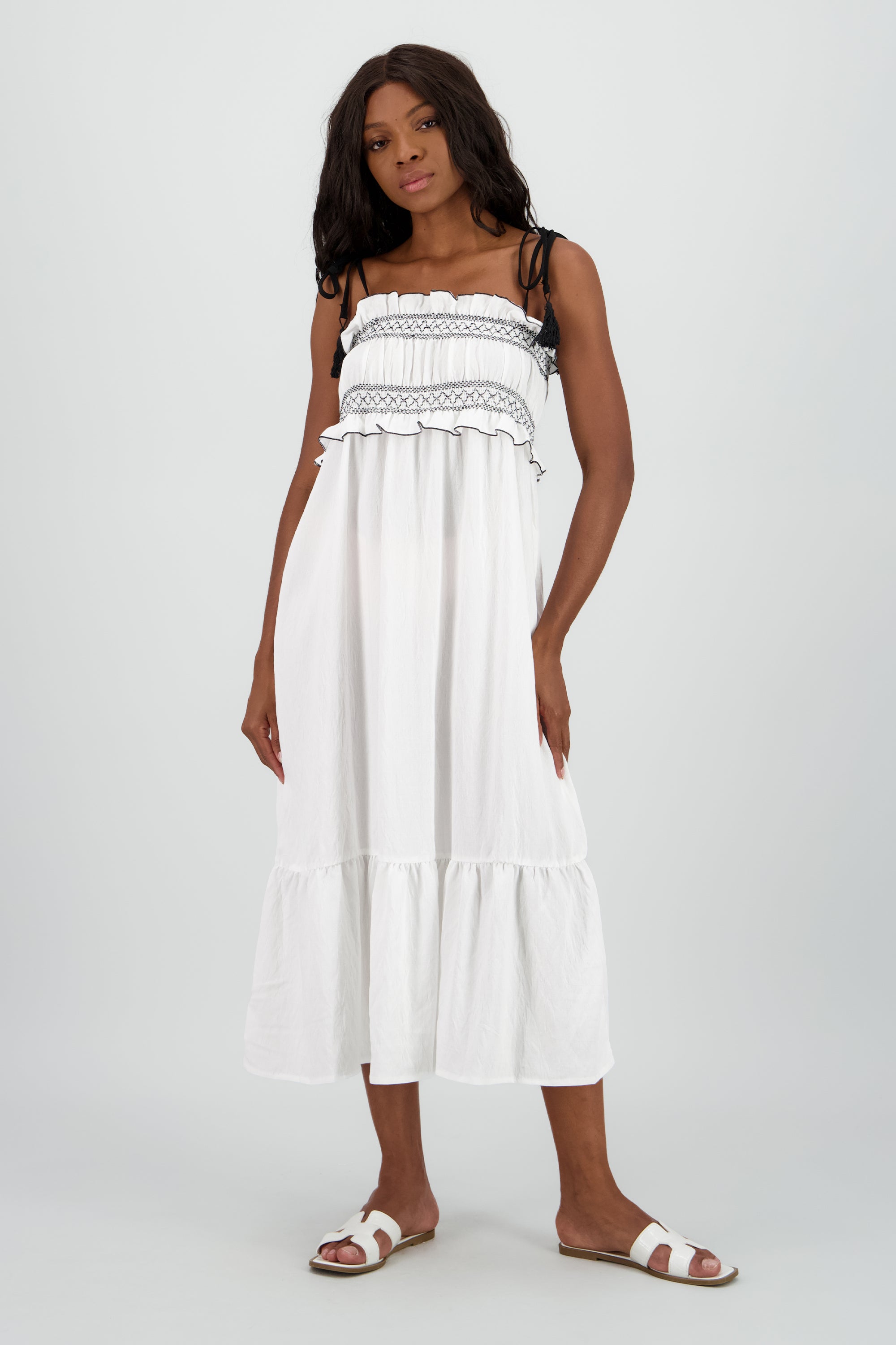 Vestido midi detalle bordado BLANCO COMBO