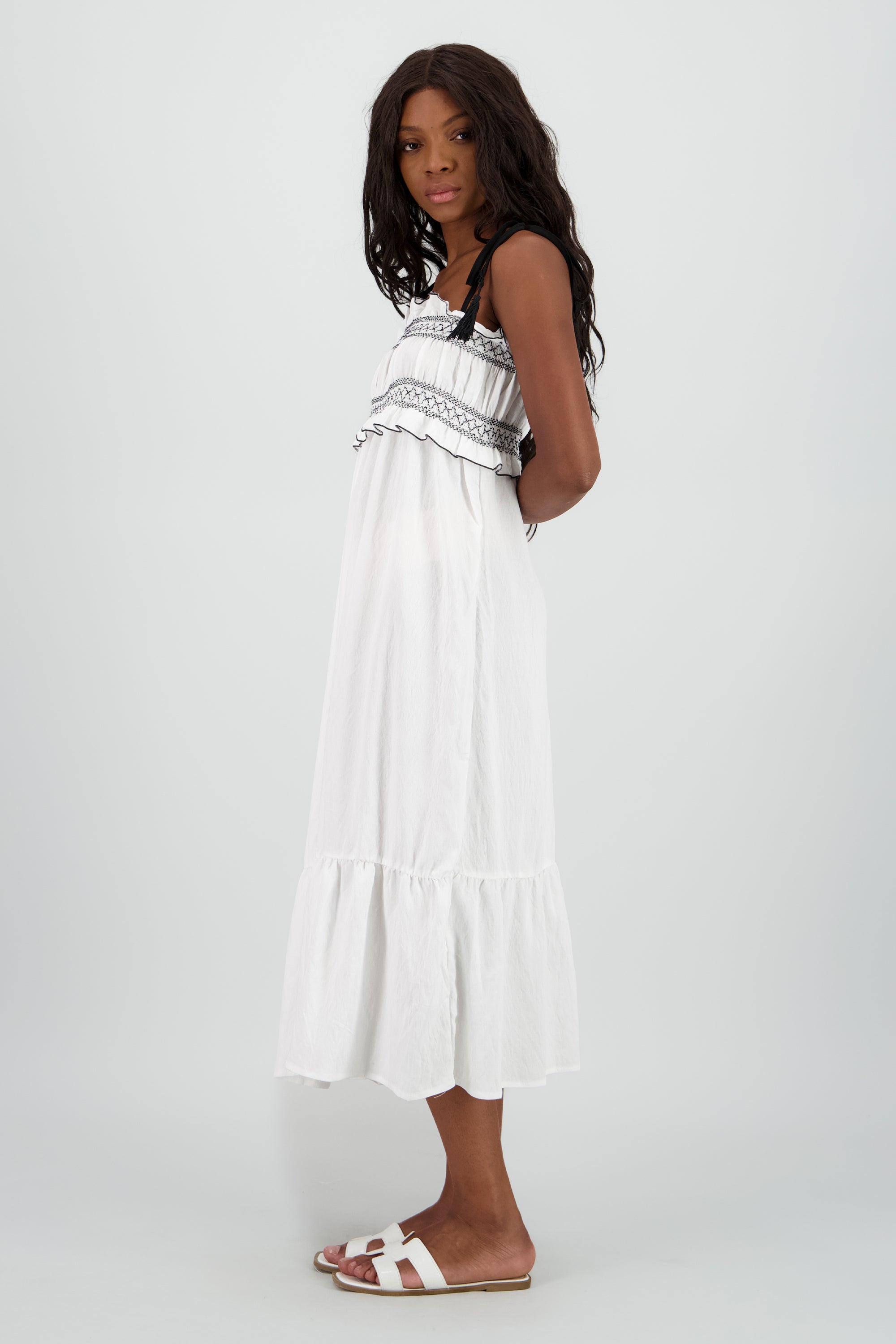 Vestido midi detalle bordado BLANCO COMBO