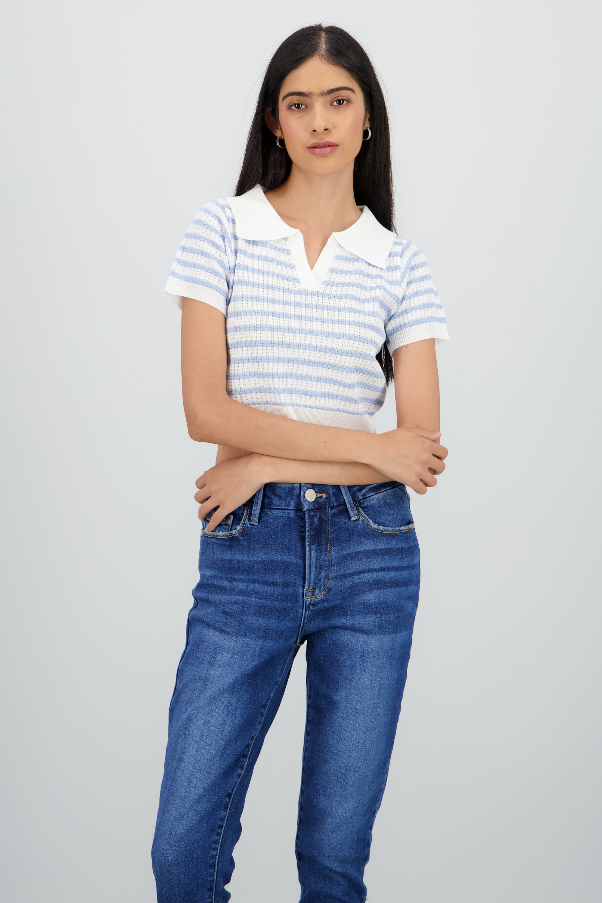 Top polo tejido ancho rayas AZUL CIELO