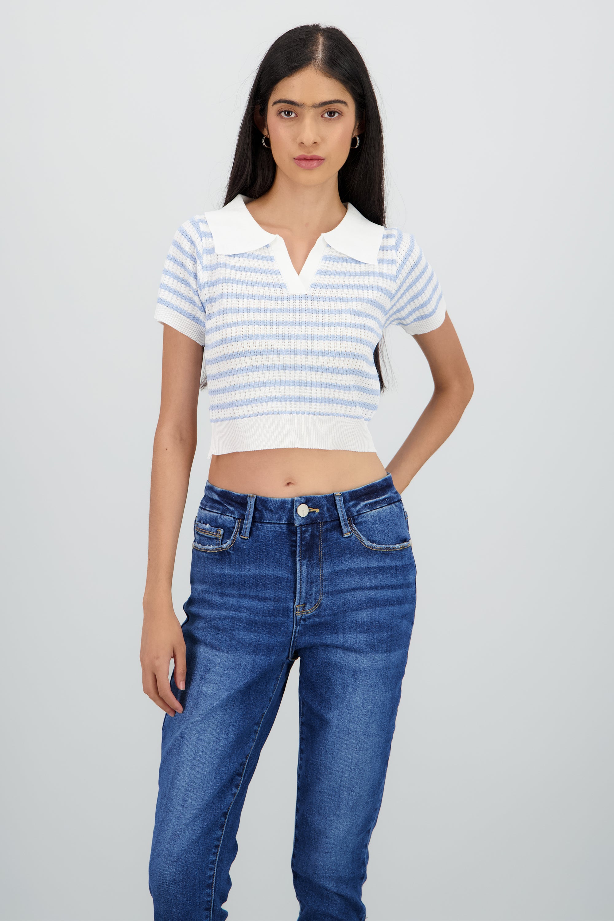 Top polo tejido ancho rayas AZUL CIELO