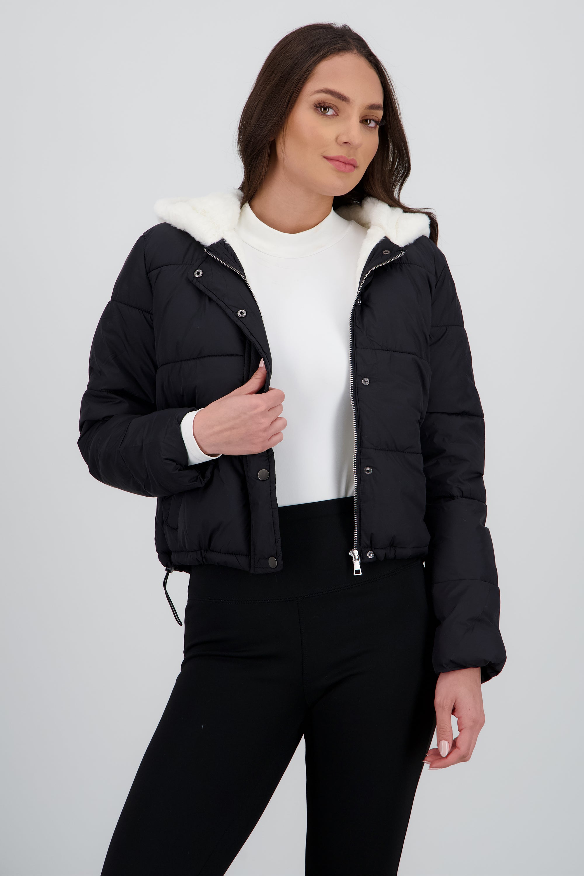 Puffer jacket con gorro peluche NEGRO COMBO