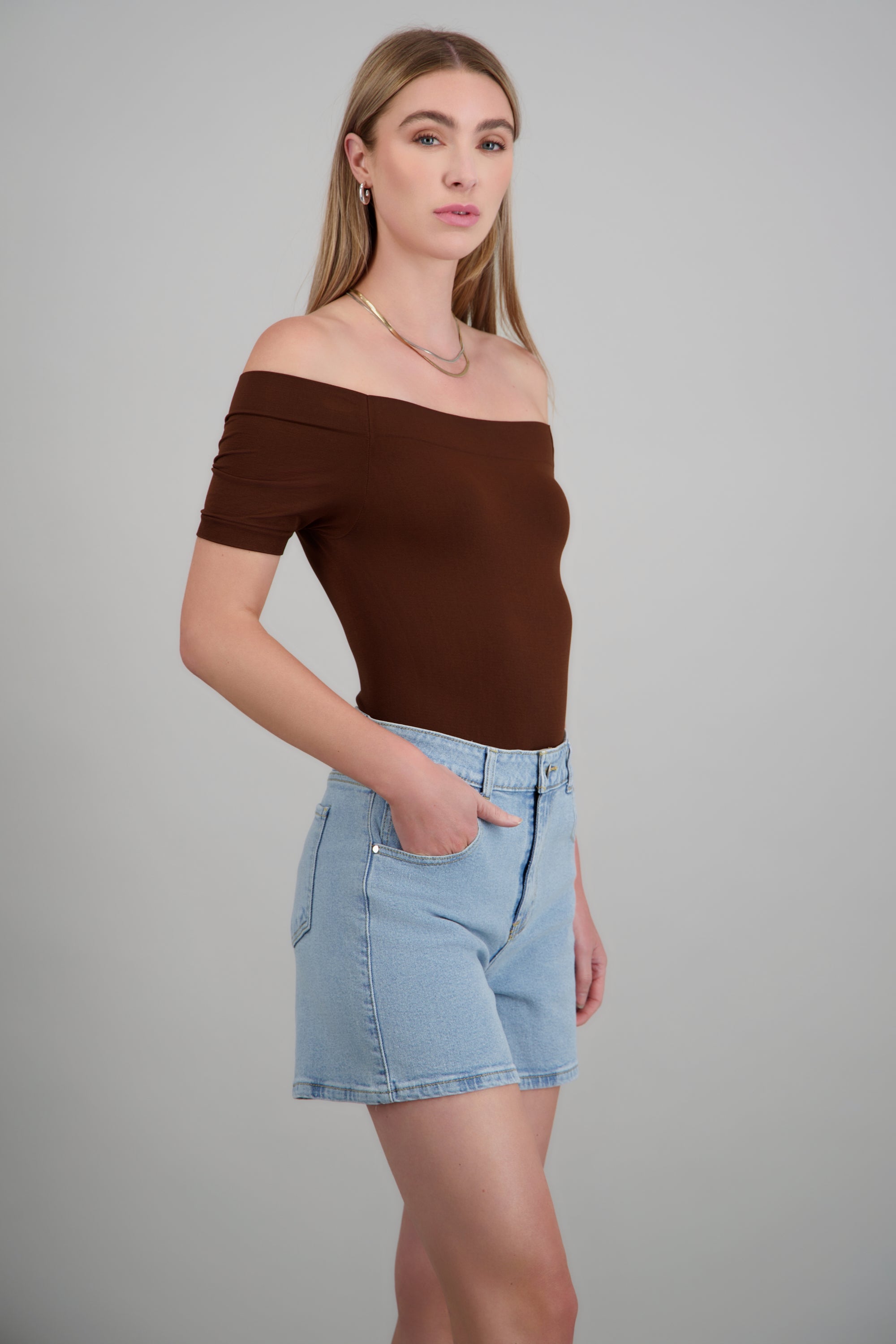 BODYSUIT OFF SHOULDER M/C CHOCOLATE
