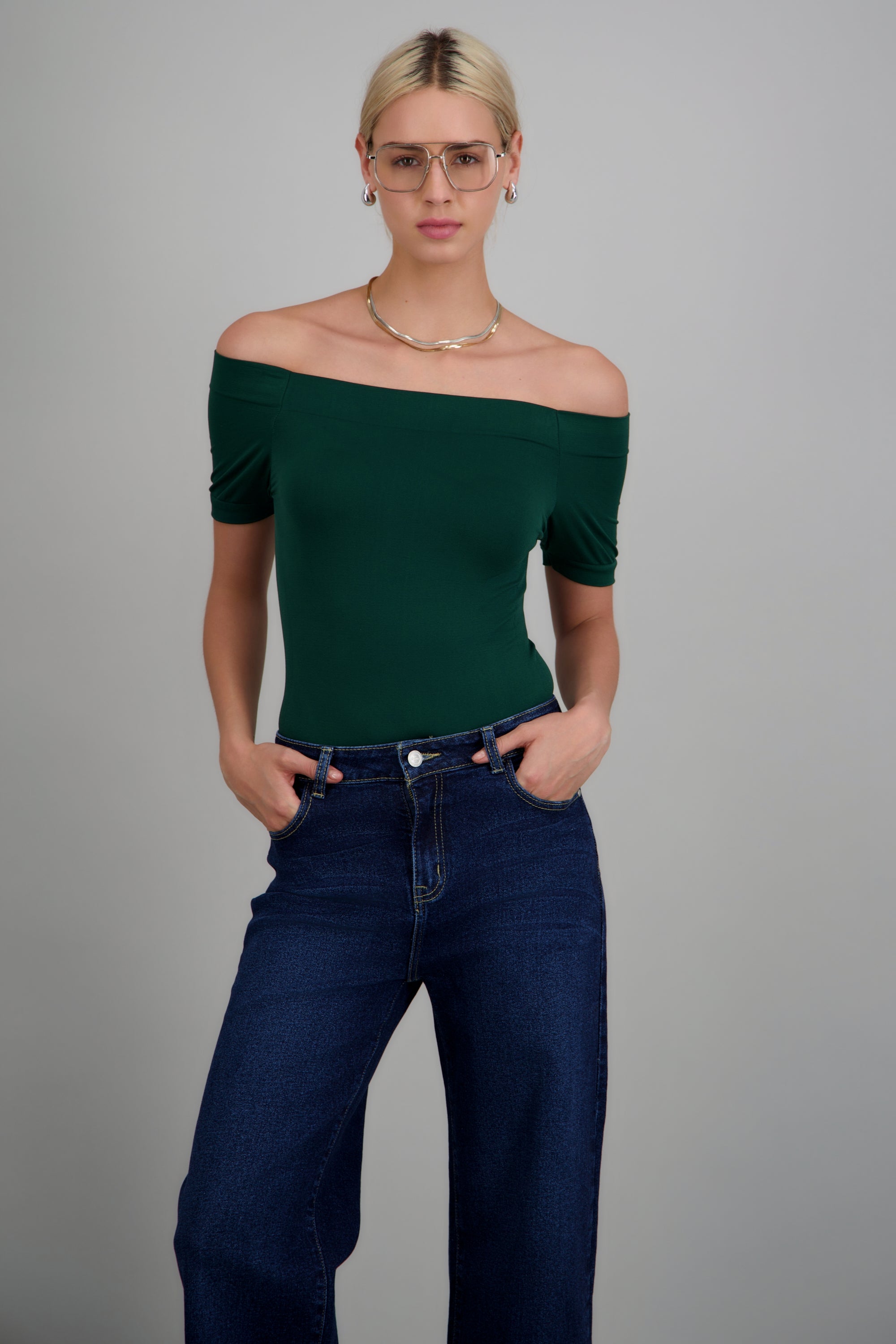 BODYSUIT OFF SHOULDER M/C VERDE OBSCURO