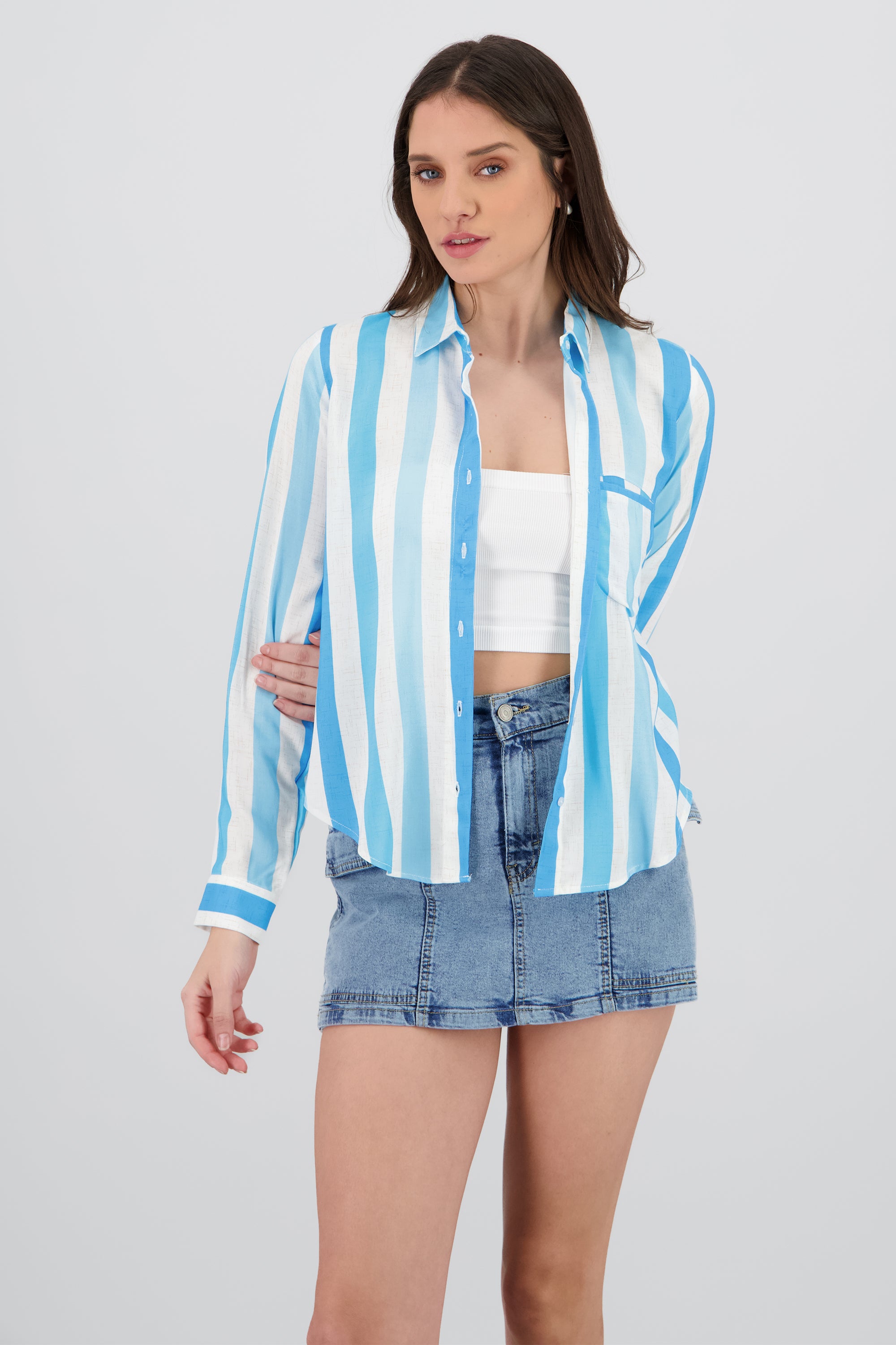 Camisa manga larga estampado rayas AZUL COMBO