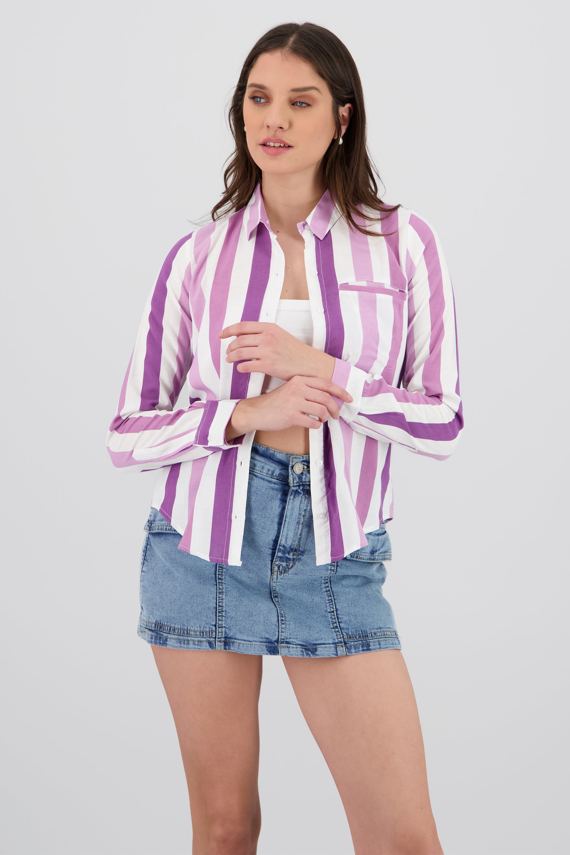 Camisa manga larga estampado rayas MORADO COMBO