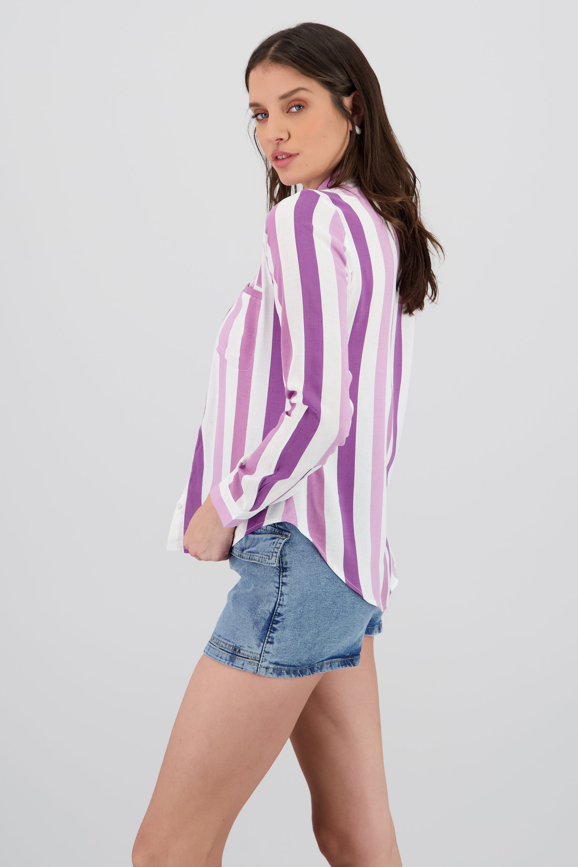 Camisa manga larga estampado rayas MORADO COMBO