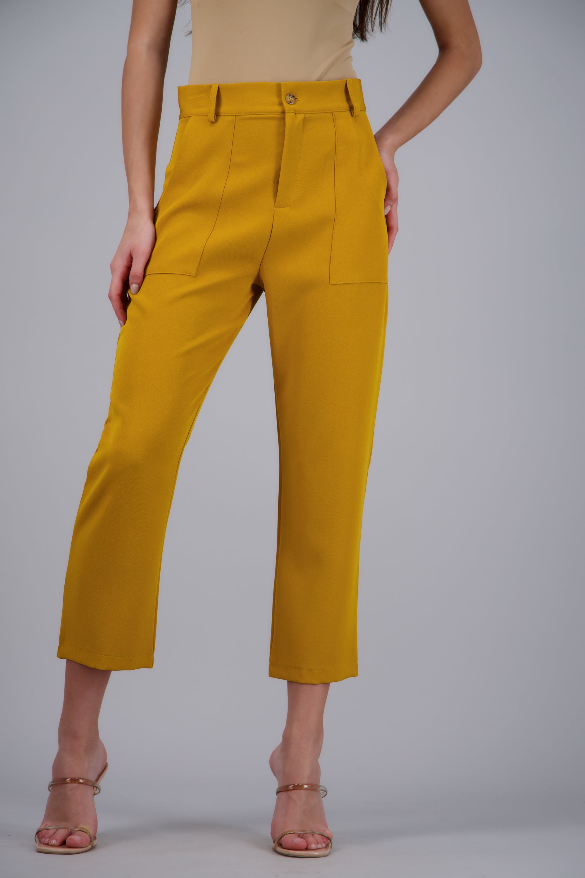 Pantalón Cintura Alta Capri Bolsas MOSTAZA