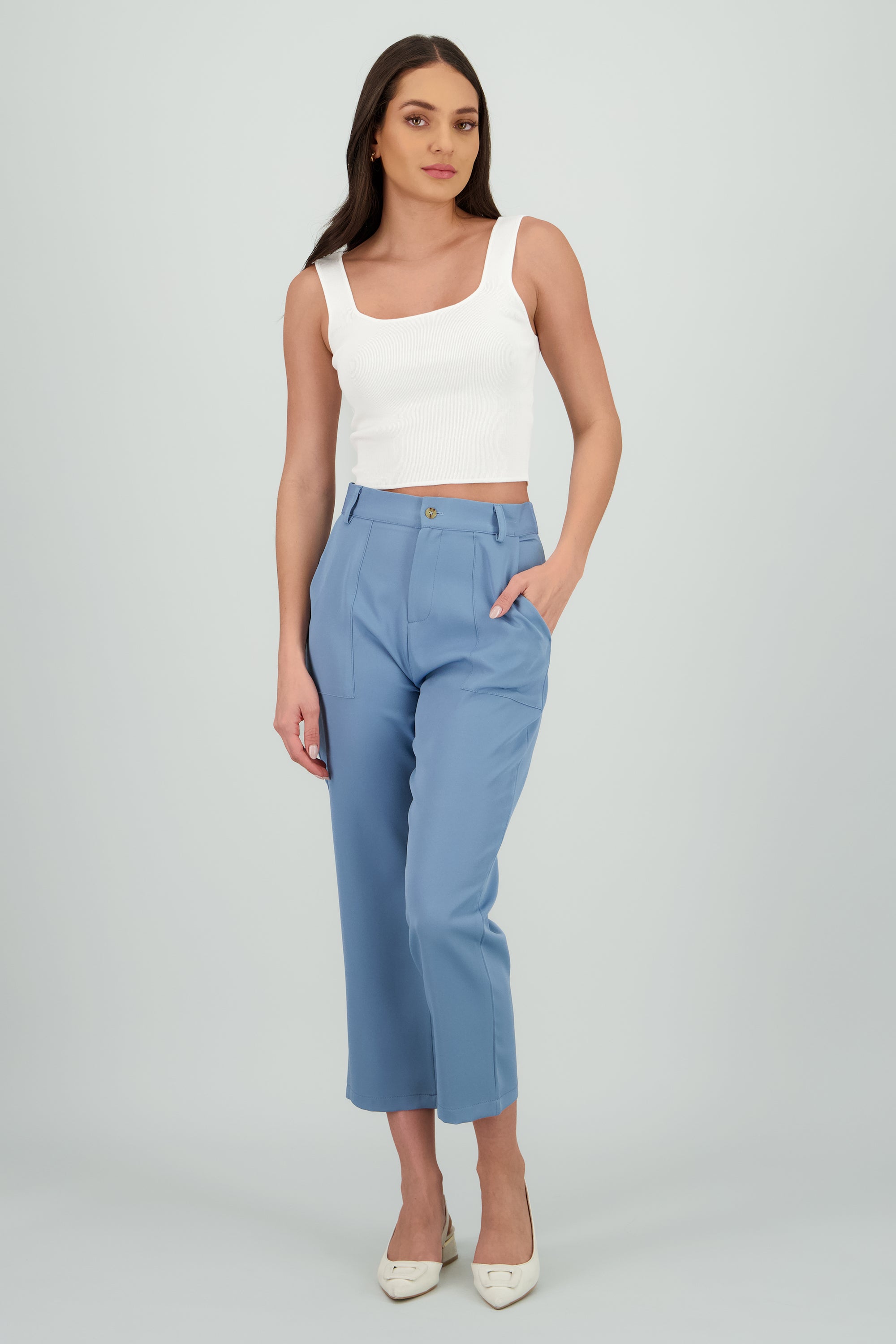 Pantalón Cintura Alta Capri Bolsas AZUL