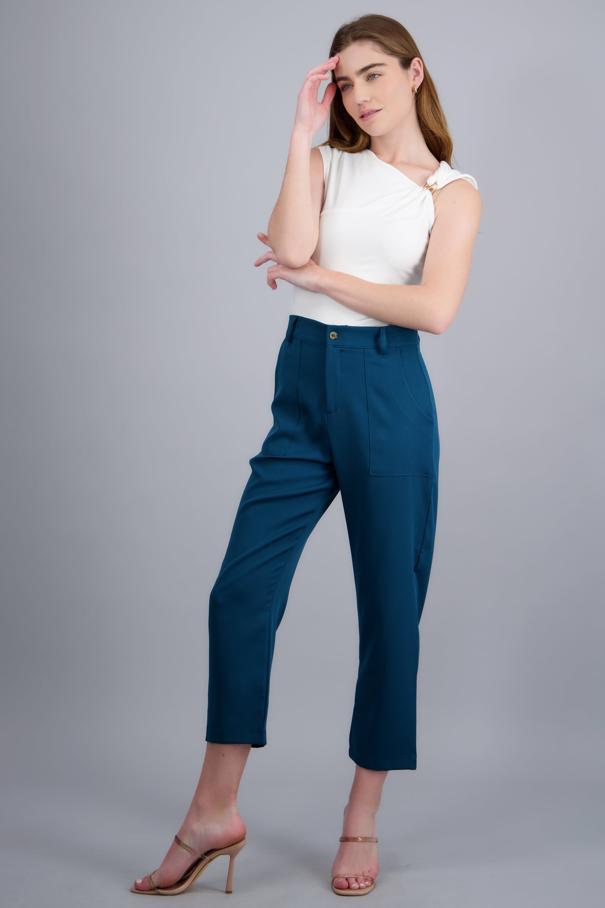 Pantalón Cintura Alta Capri Bolsas PETROLEO