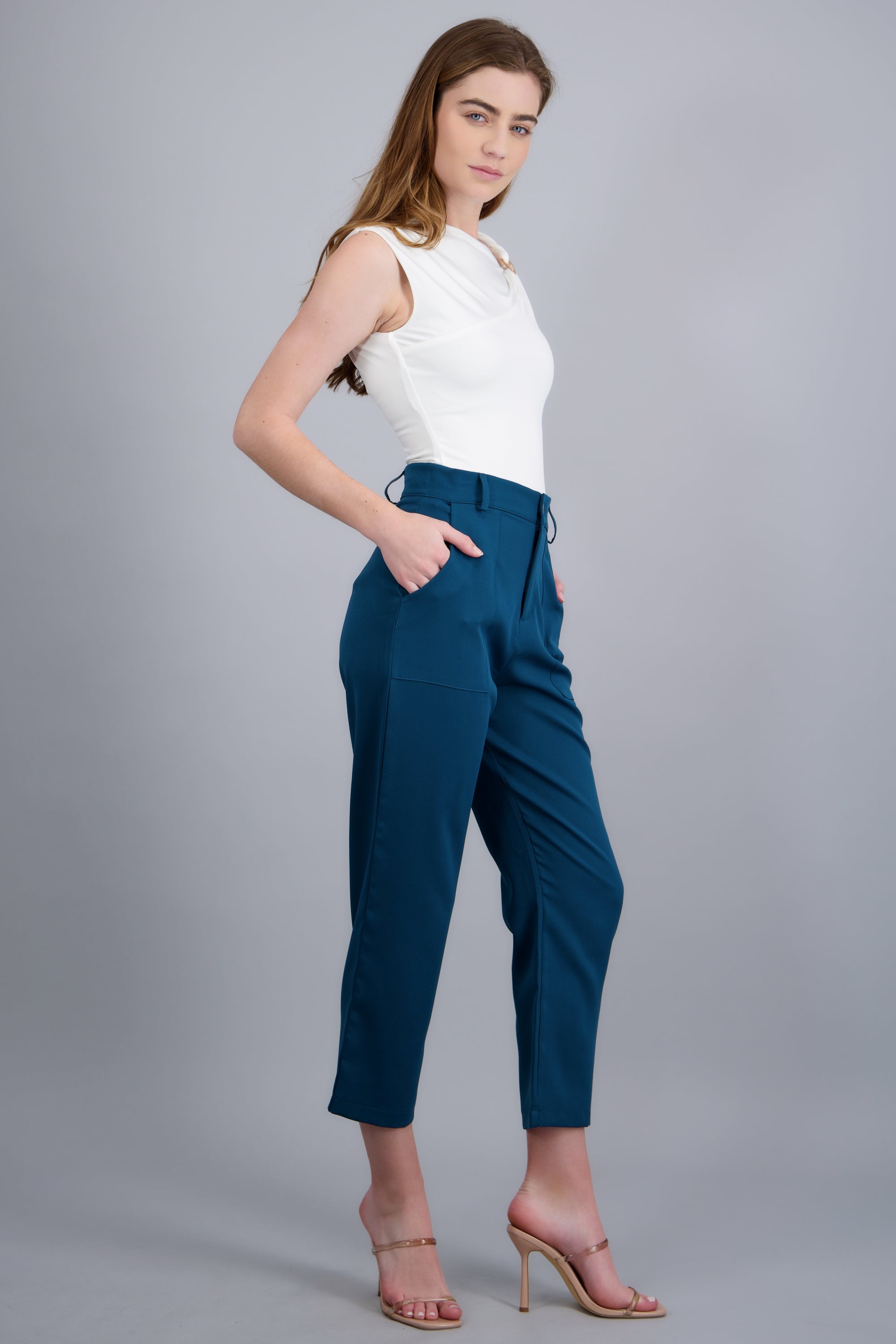 Pantalón Cintura Alta Capri Bolsas PETROLEO