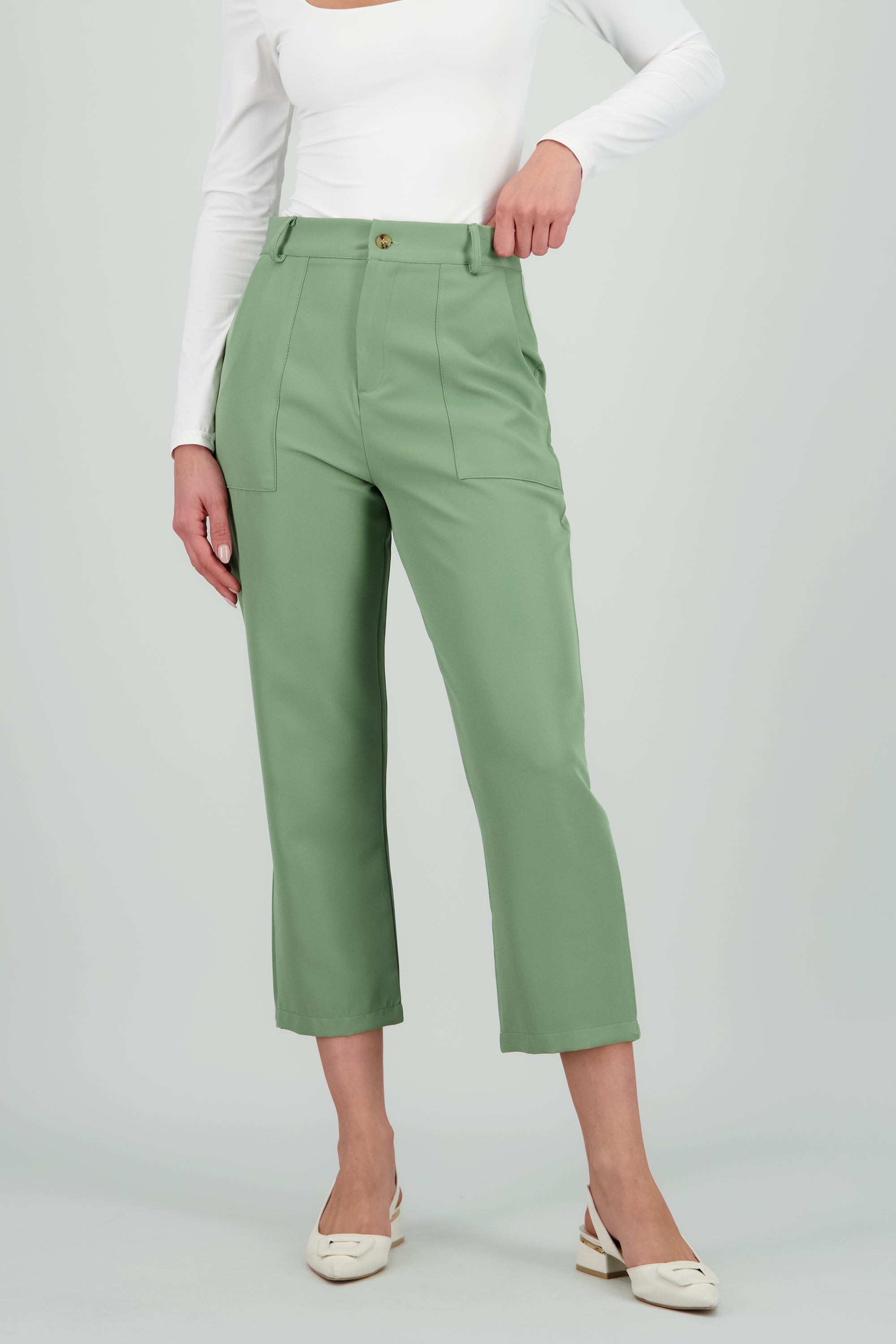 Pantalón Cintura Alta Capri Bolsas OLIVO