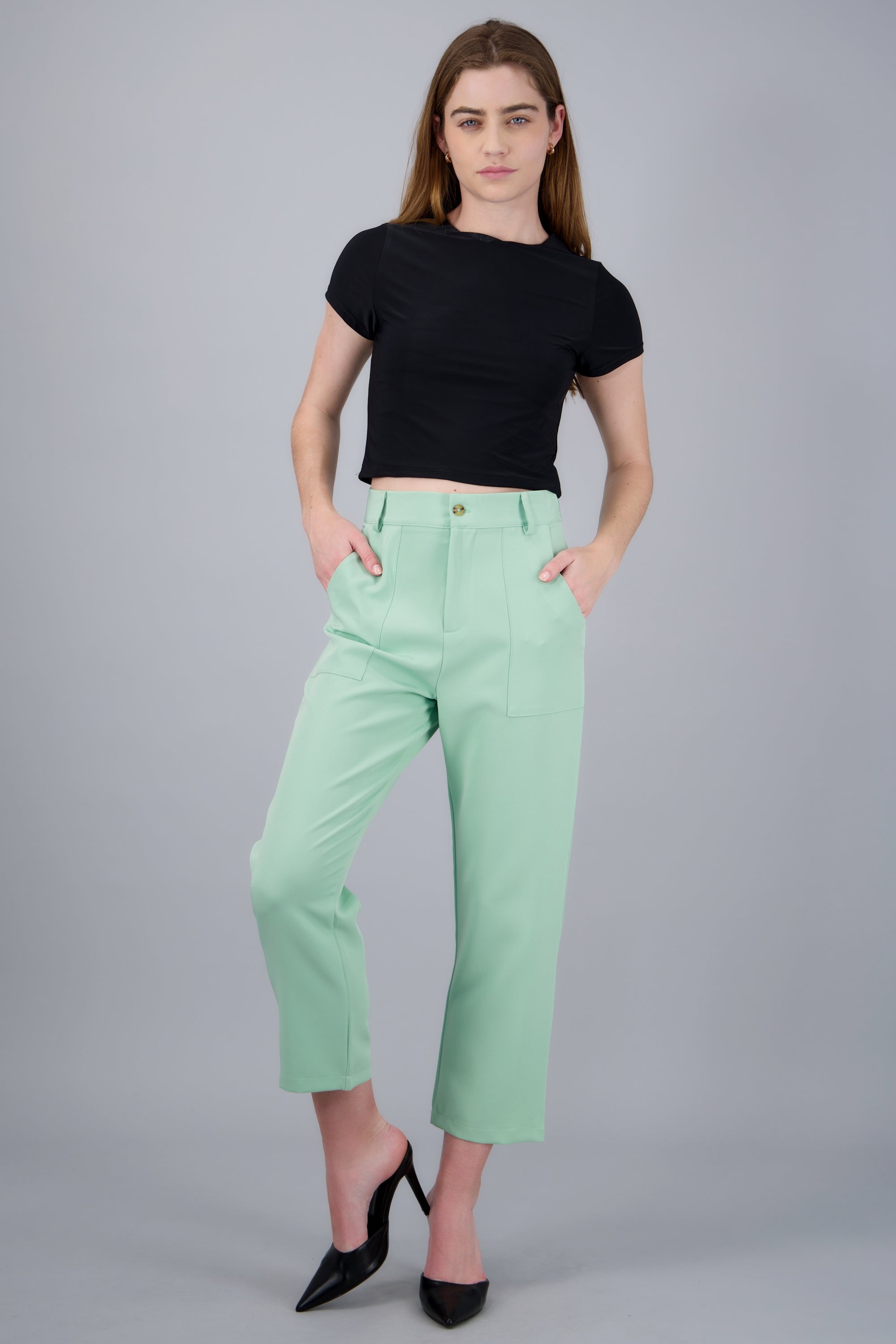 Pantalón Cintura Alta Capri Bolsas VERDE CLARO