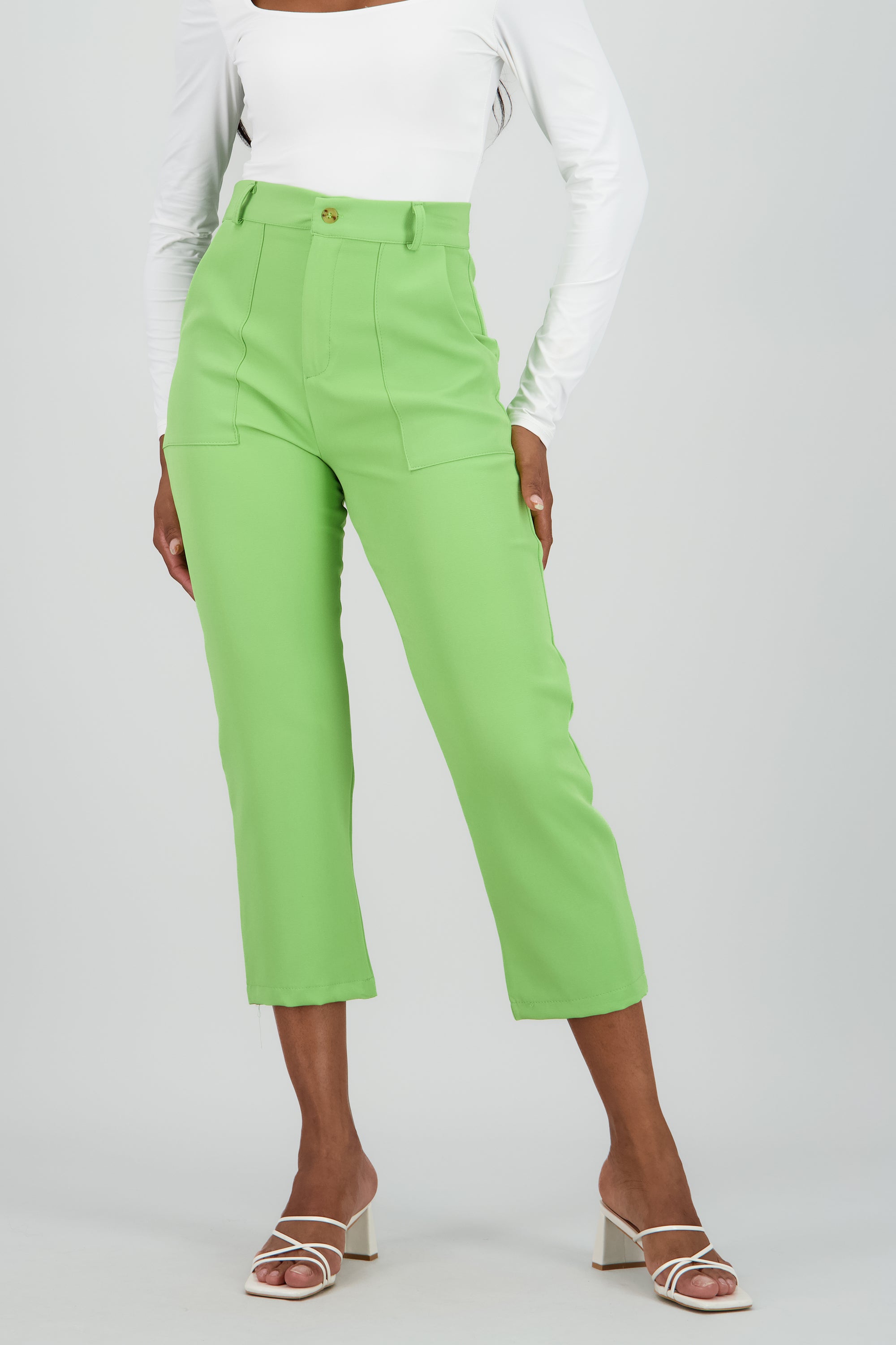 Pantalón Cintura Alta Capri Bolsas VERDE BRILLANTE
