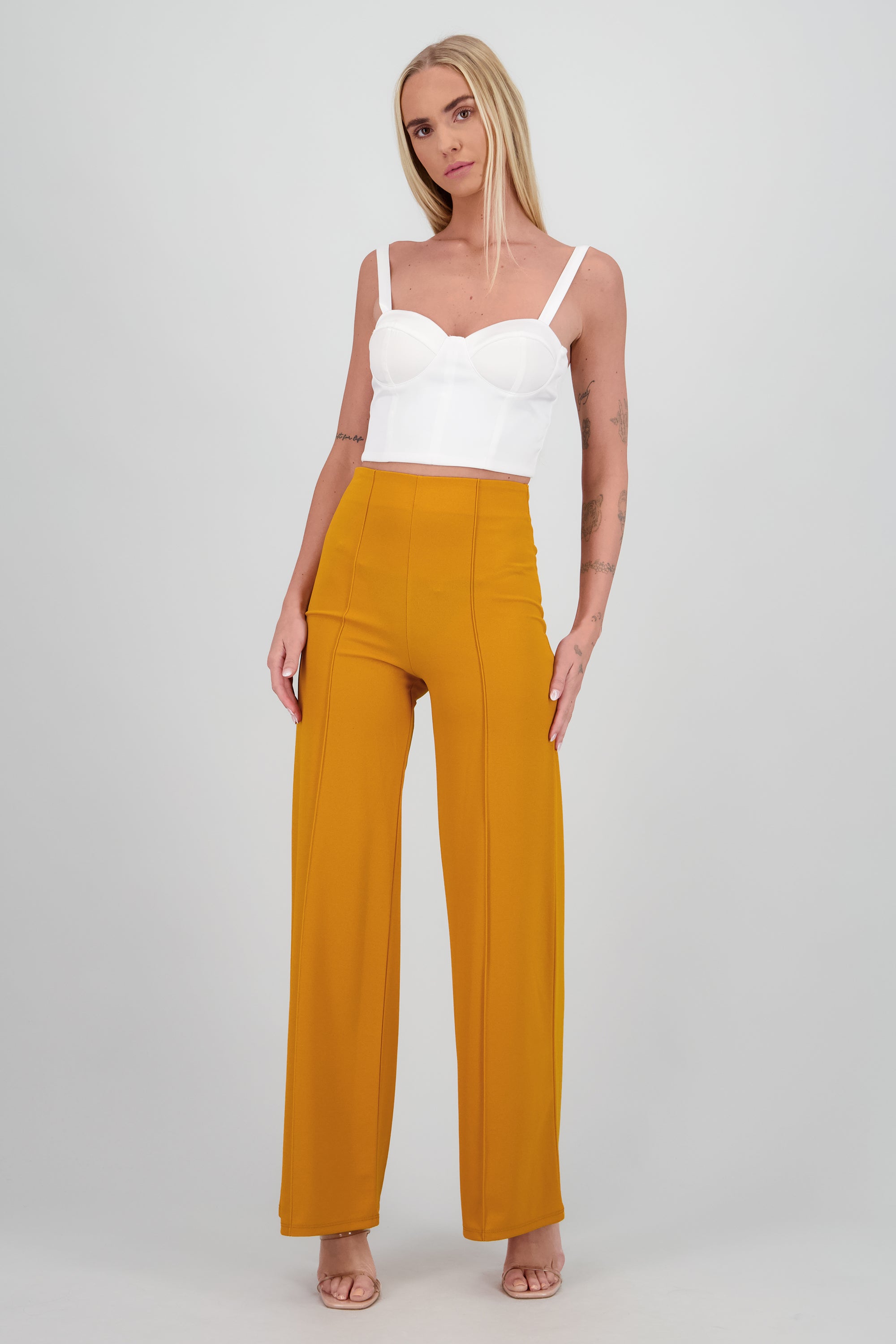 Pantalón Wide Leg Cintura Alta Costuras MOSTAZA