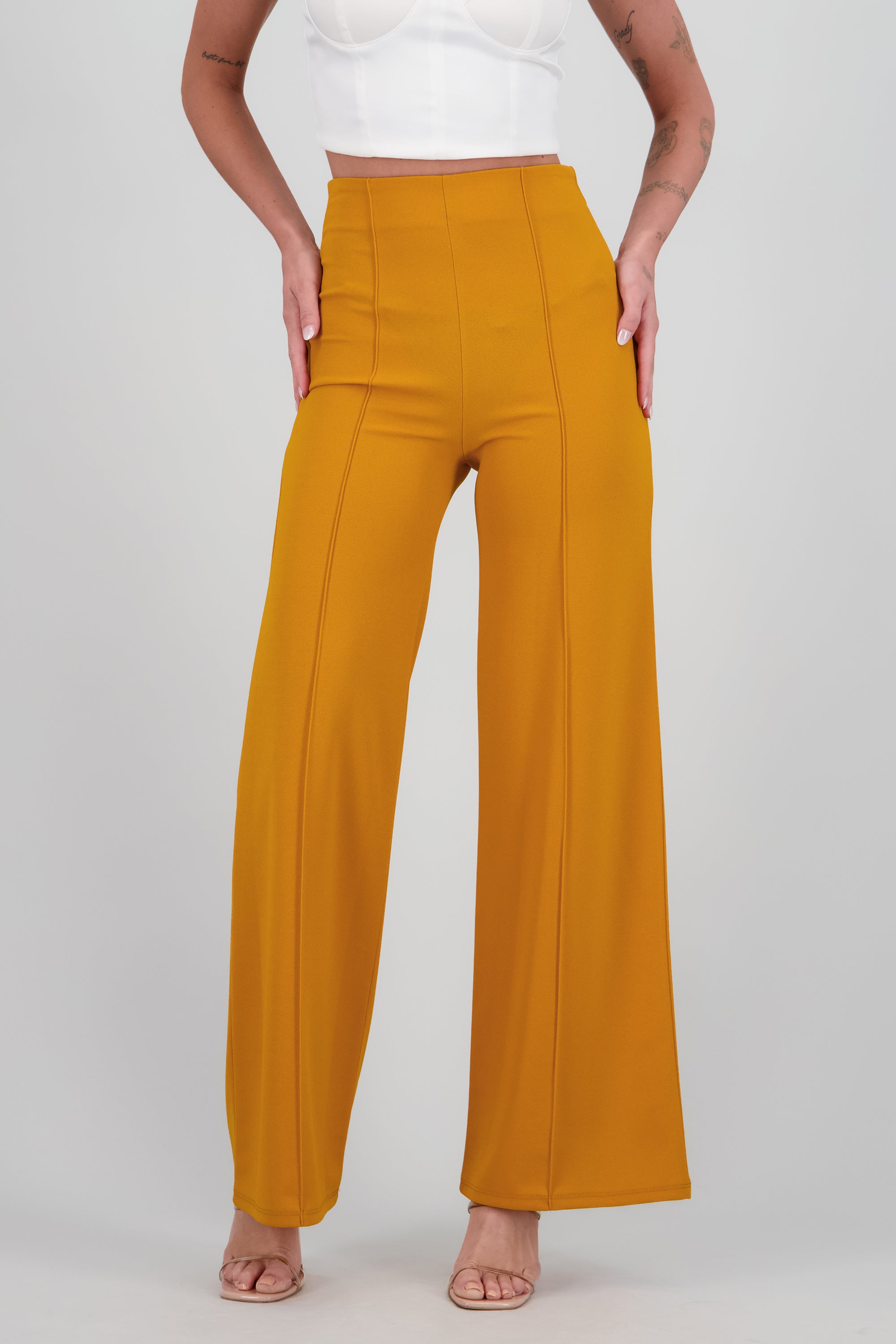 Pantalón Wide Leg Cintura Alta Costuras MOSTAZA