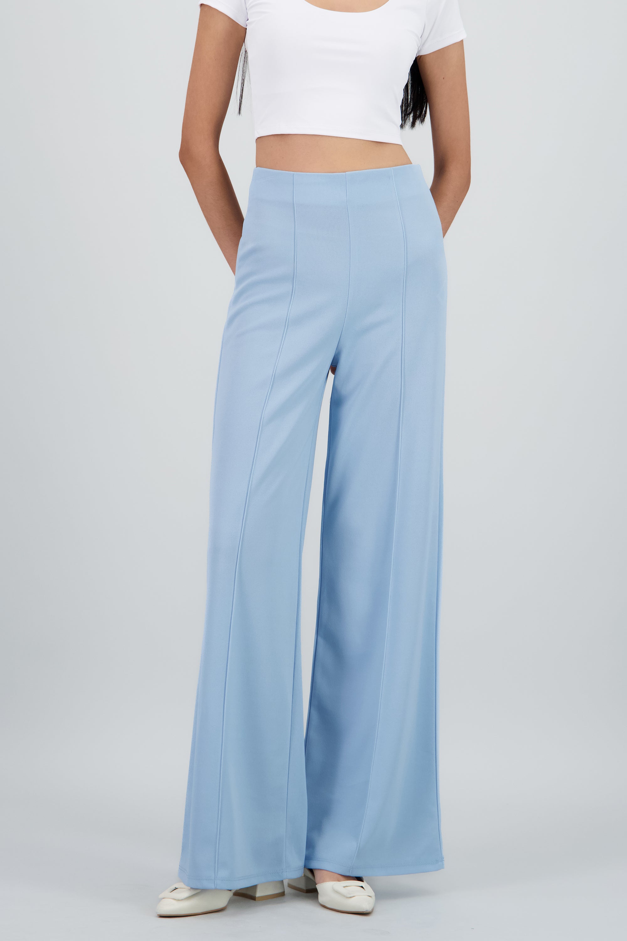 Pantalón Wide Leg Cintura Alta Costuras AZUL PASTEL