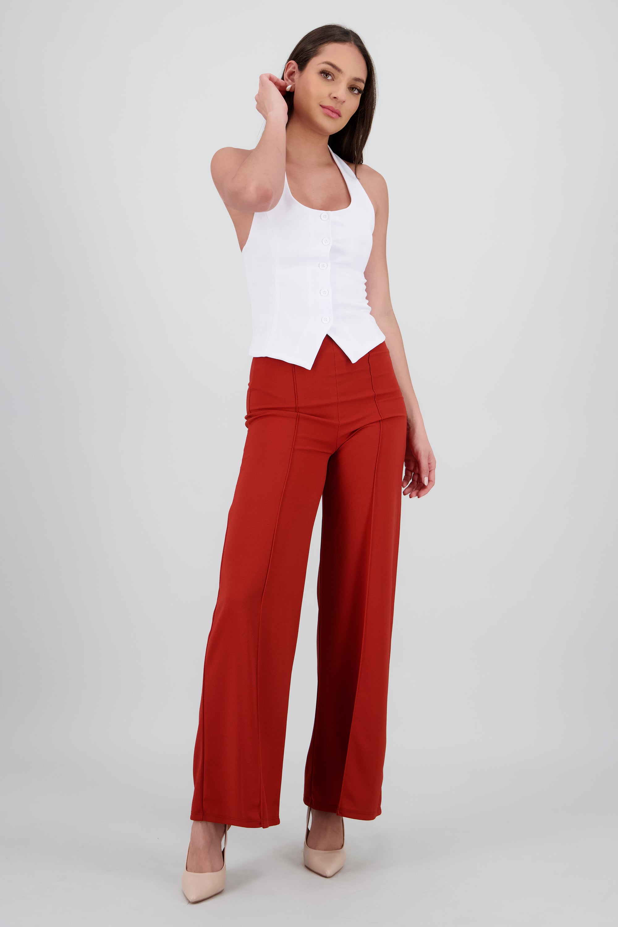 Pantalón Wide Leg Cintura Alta Costuras COBRE