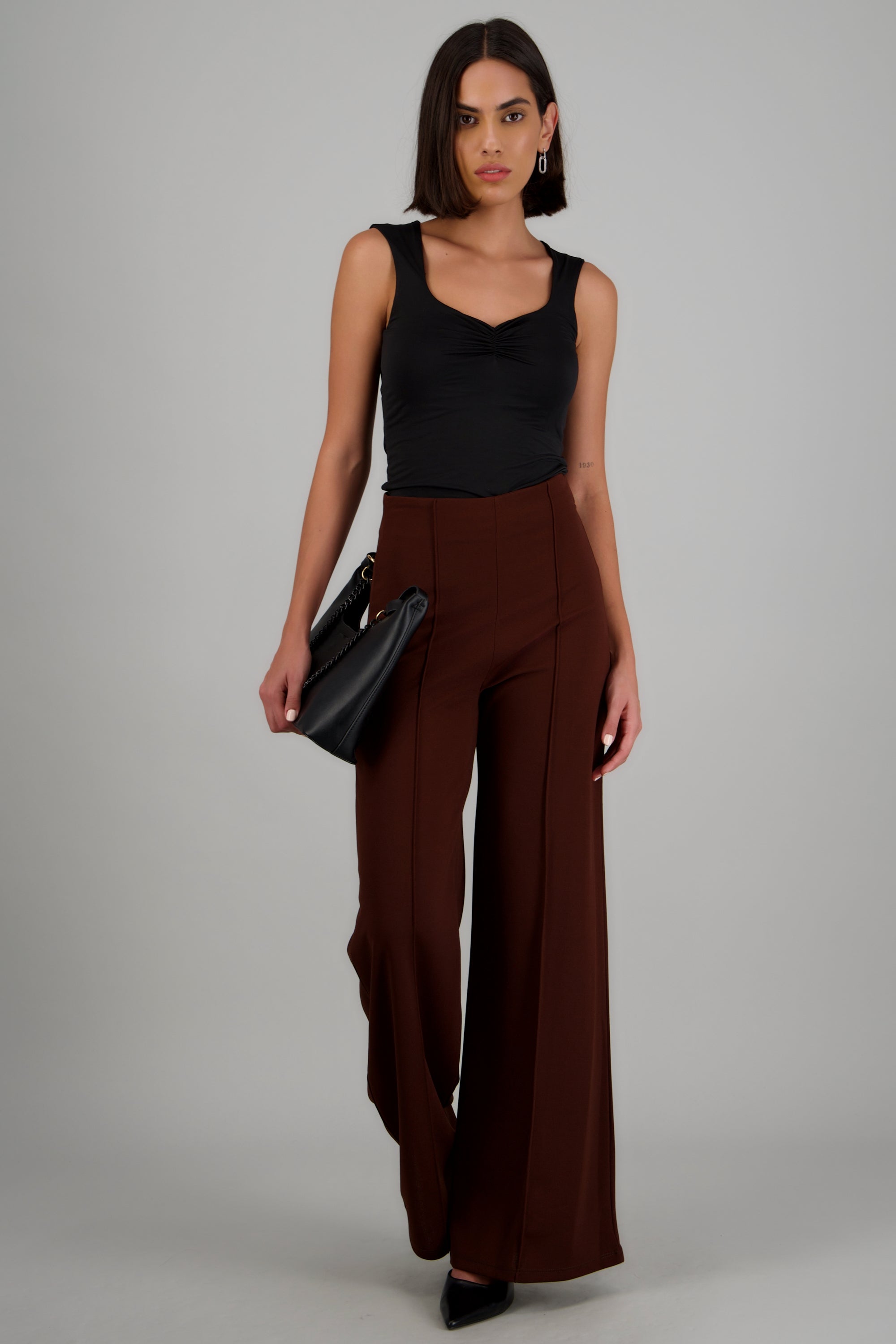 Pantalón Wide Leg Cintura Alta Costuras CAFE