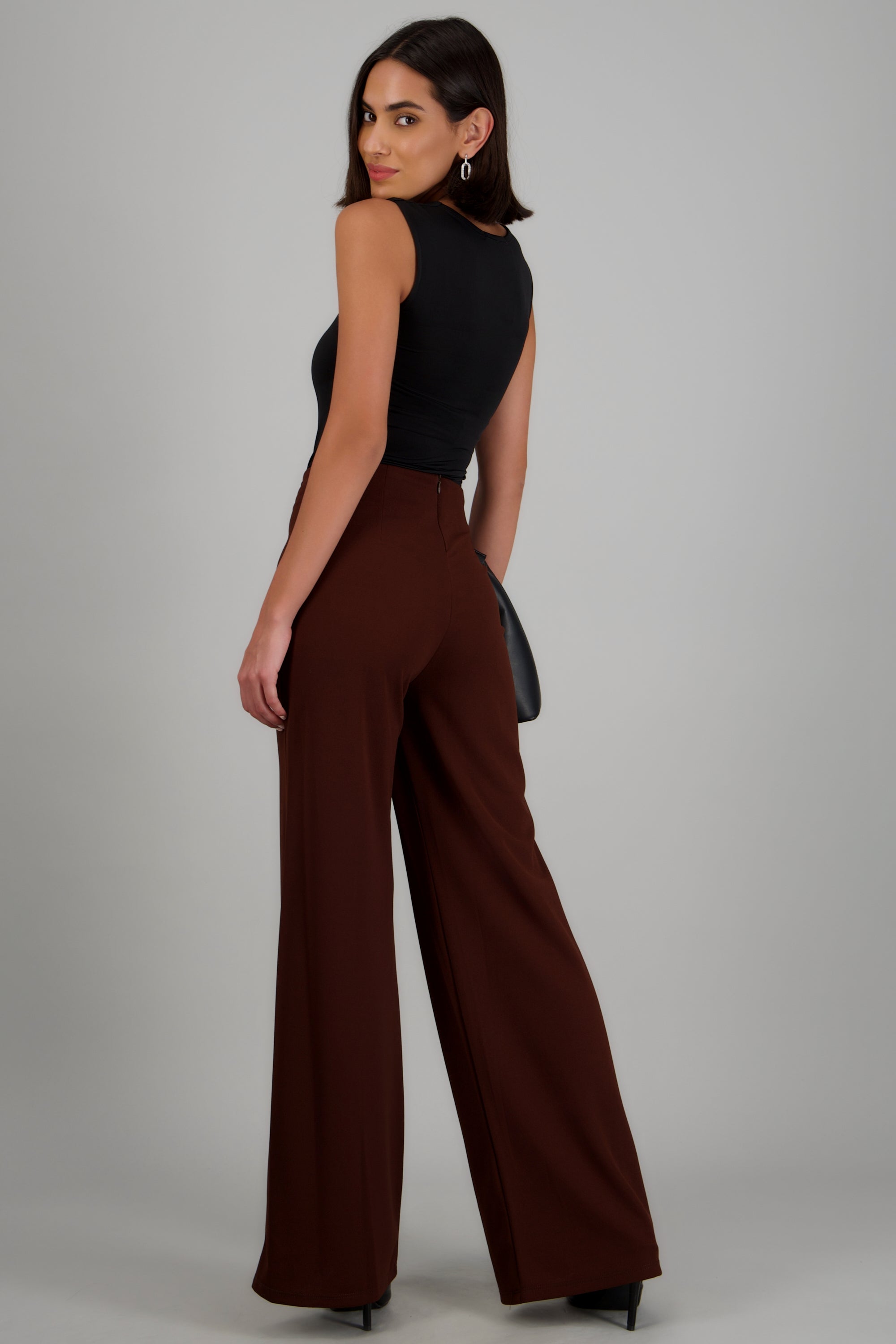 Pantalón Wide Leg Cintura Alta Costuras CAFE