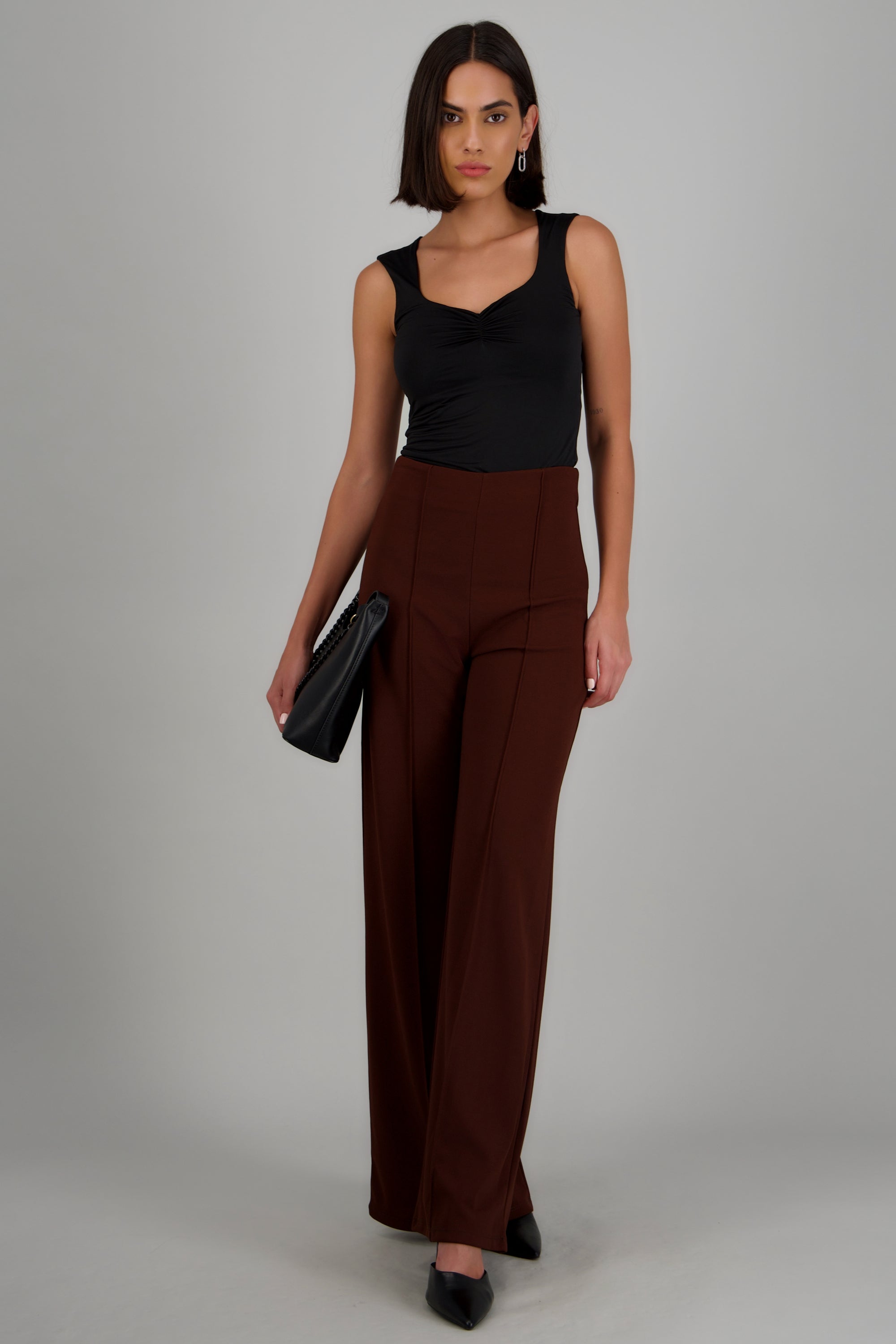 Pantalón Wide Leg Cintura Alta Costuras CAFE