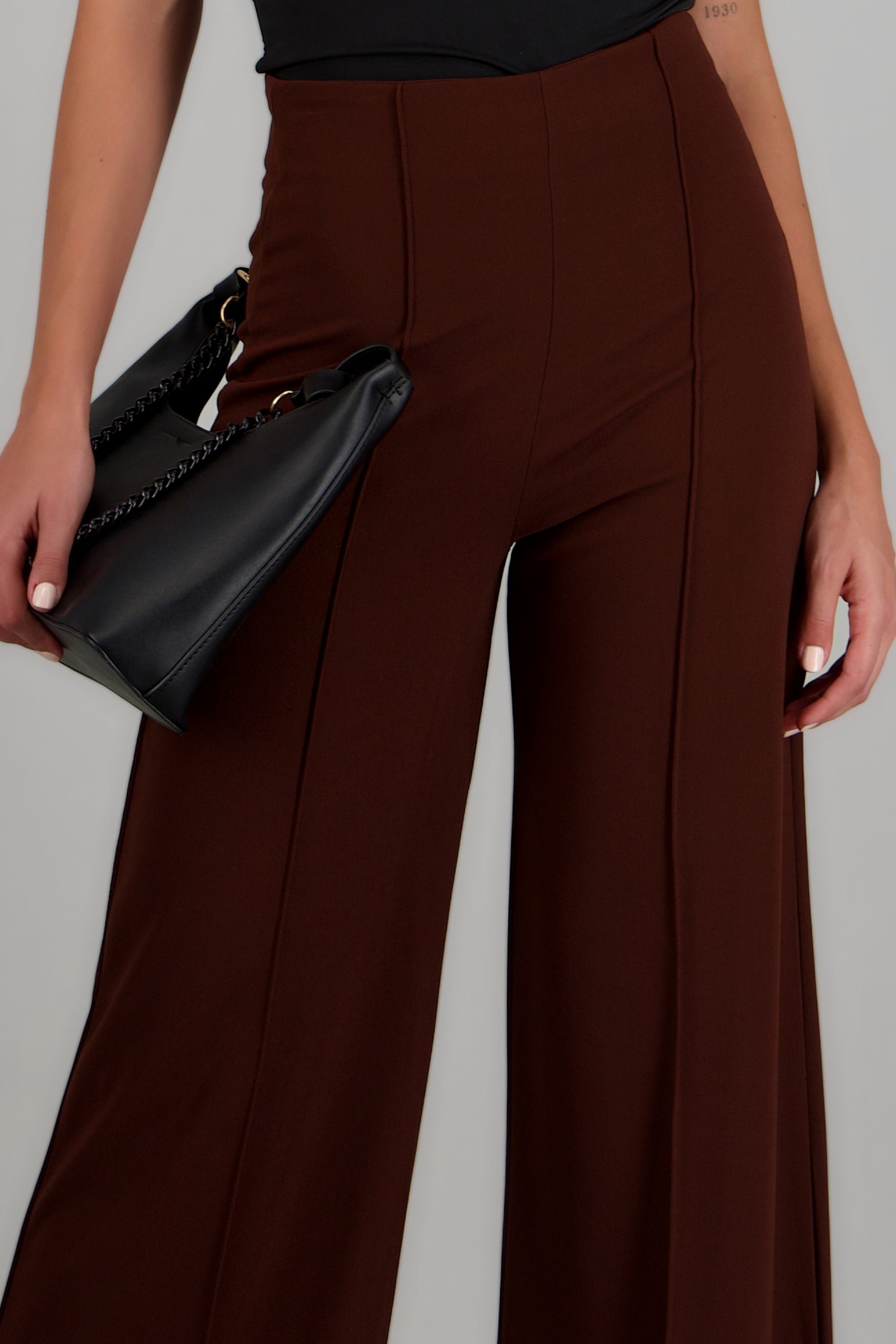 Pantalón Wide Leg Cintura Alta Costuras CAFE