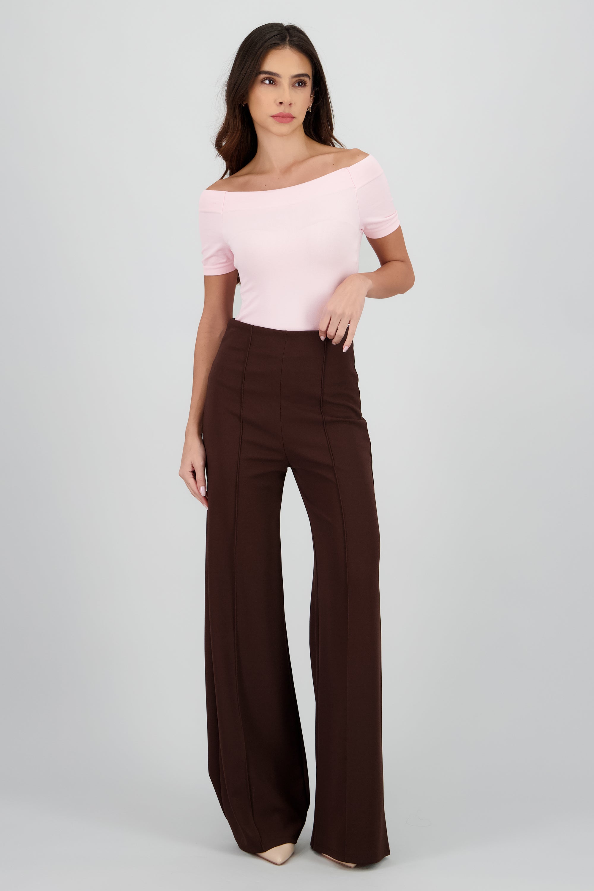 Pantalón Wide Leg Cintura Alta Costuras CHOCOLATE