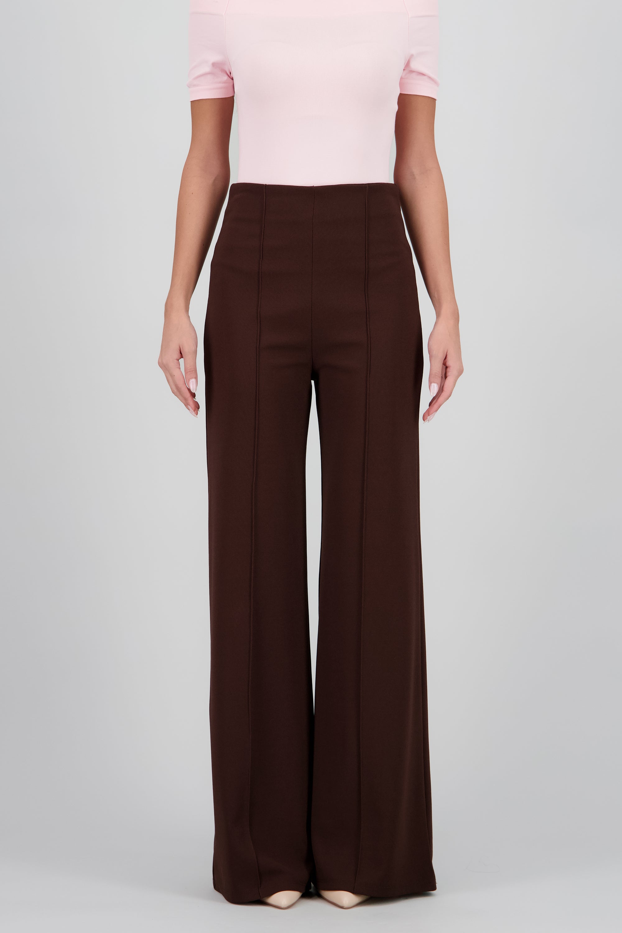 Pantalón Wide Leg Cintura Alta Costuras CHOCOLATE