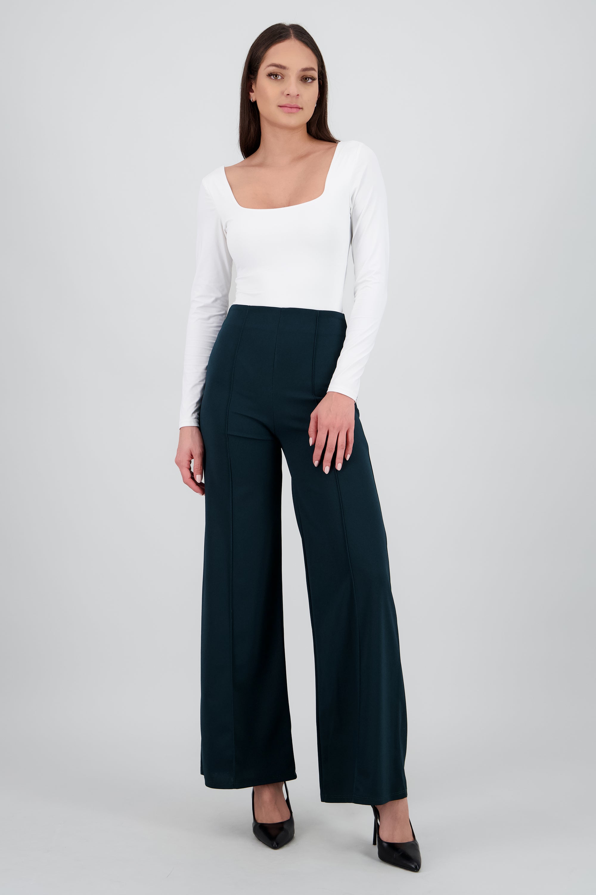 Pantalón Wide Leg Cintura Alta Costuras VERDE BOTELLA
