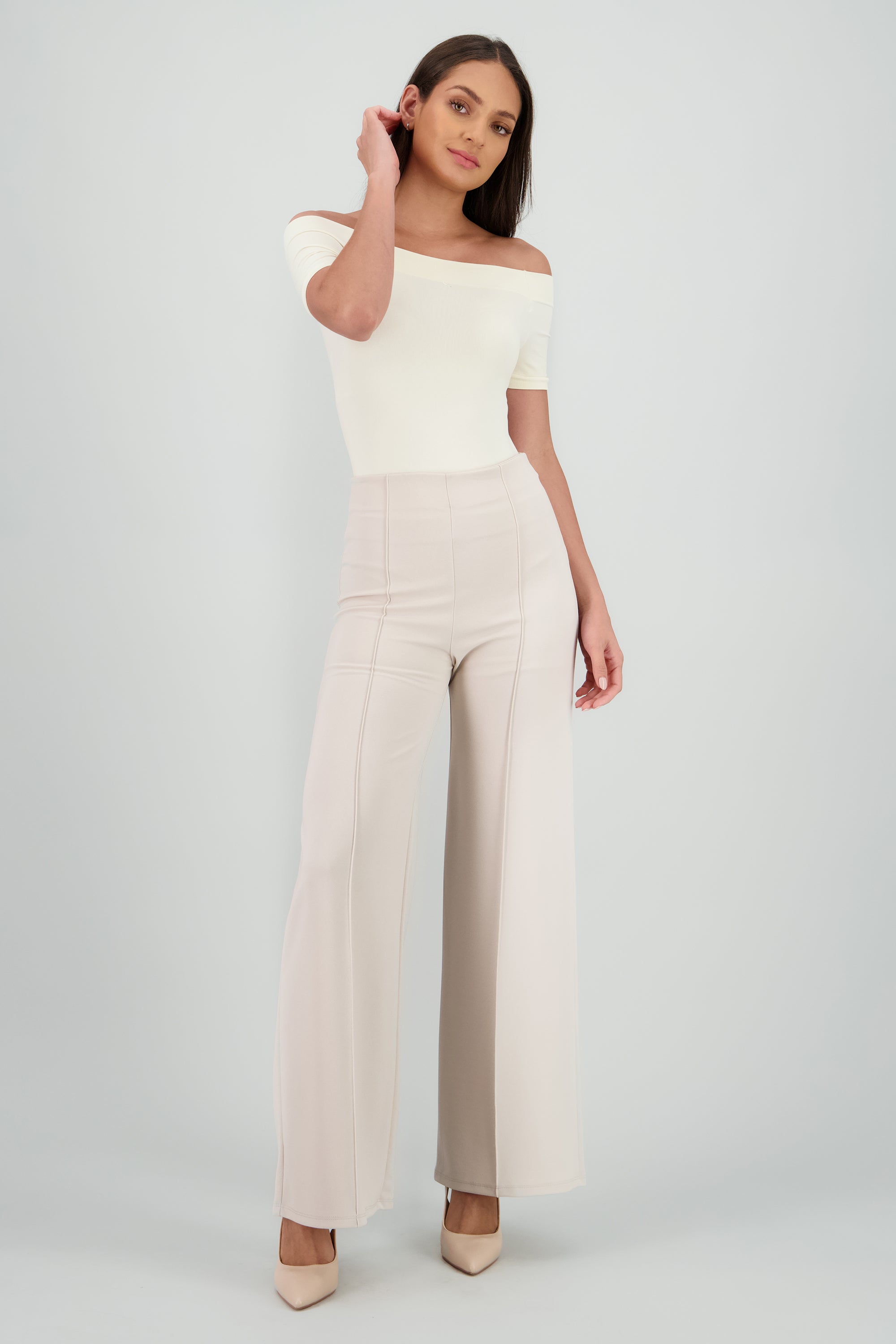 Pantalón Wide Leg Cintura Alta Costuras GREIGE