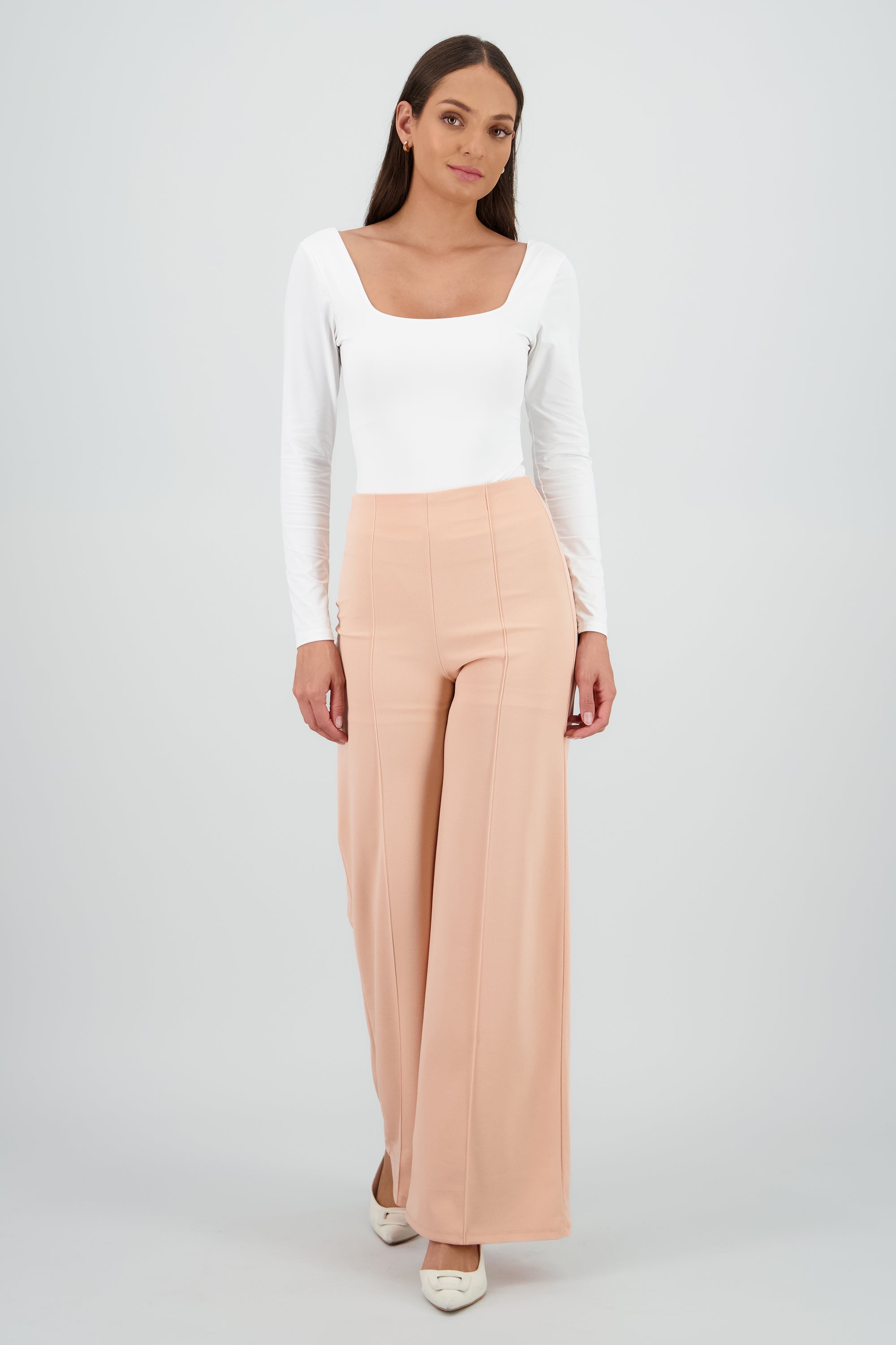 Pantalón Wide Leg Cintura Alta Costuras MANDARINA