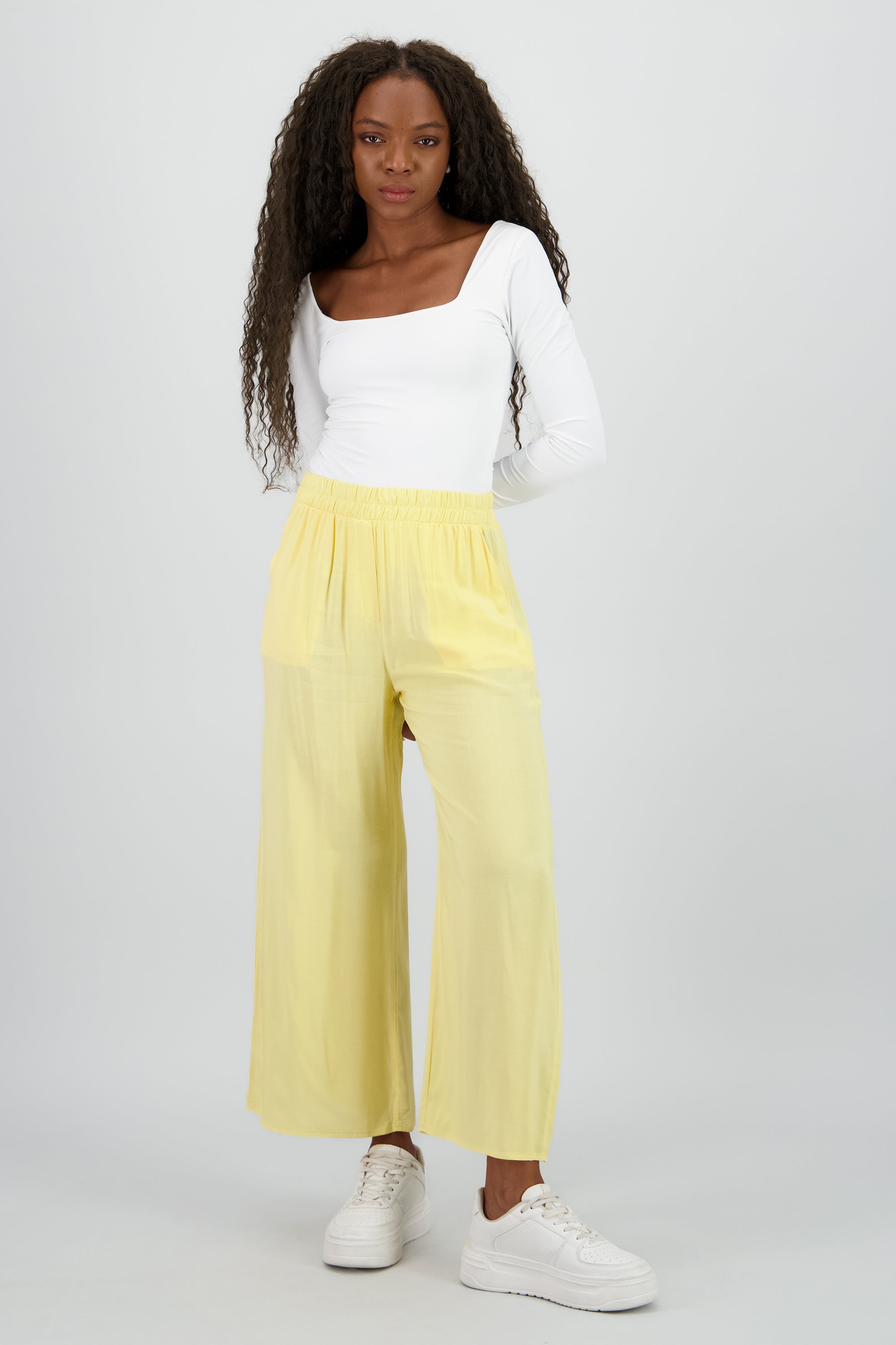 Pantalón Wide Leg Cintura Alta Fruncida AMARILLO PASTEL
