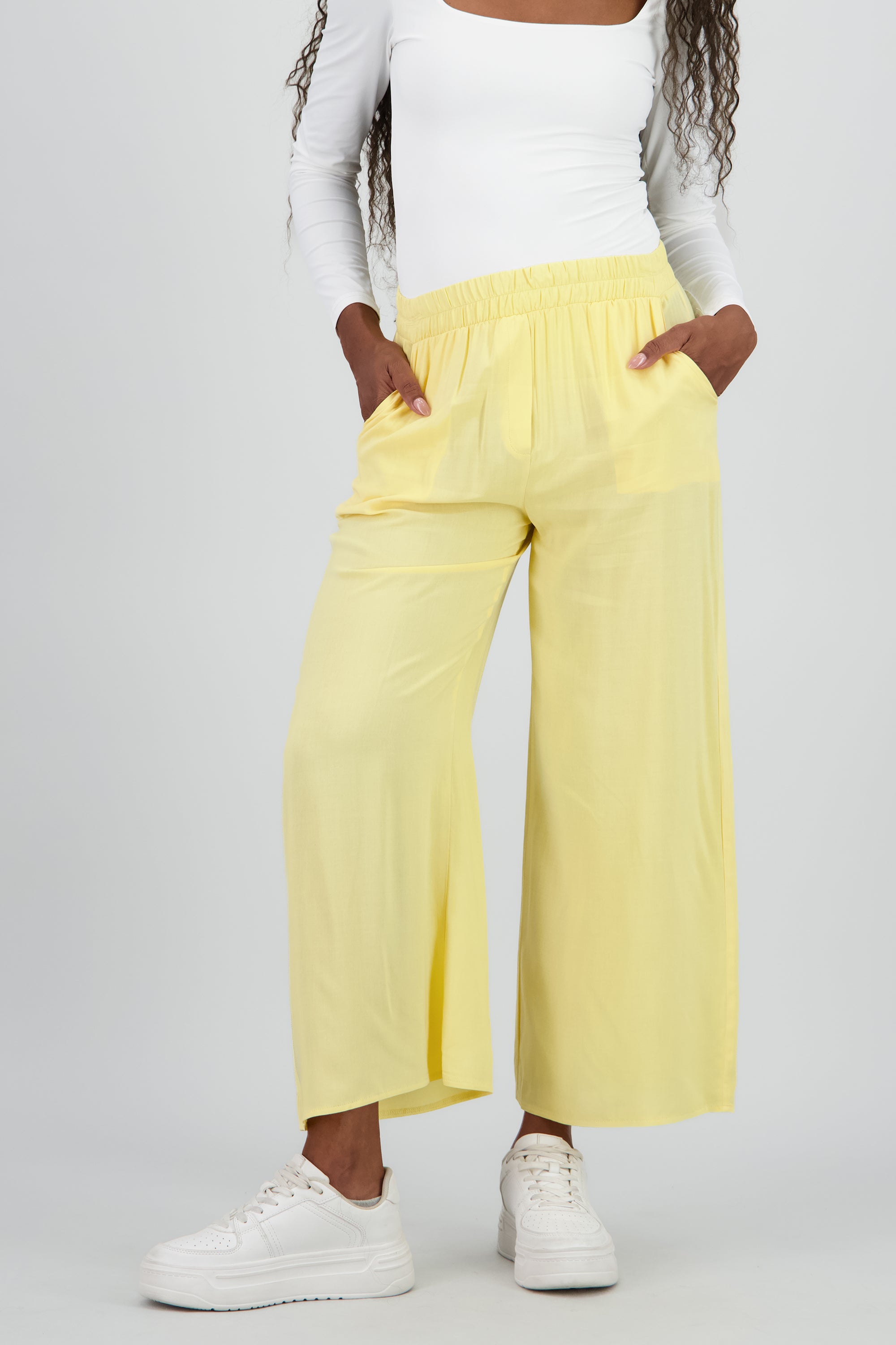 Pantalón Wide Leg Cintura Alta Fruncida AMARILLO PASTEL
