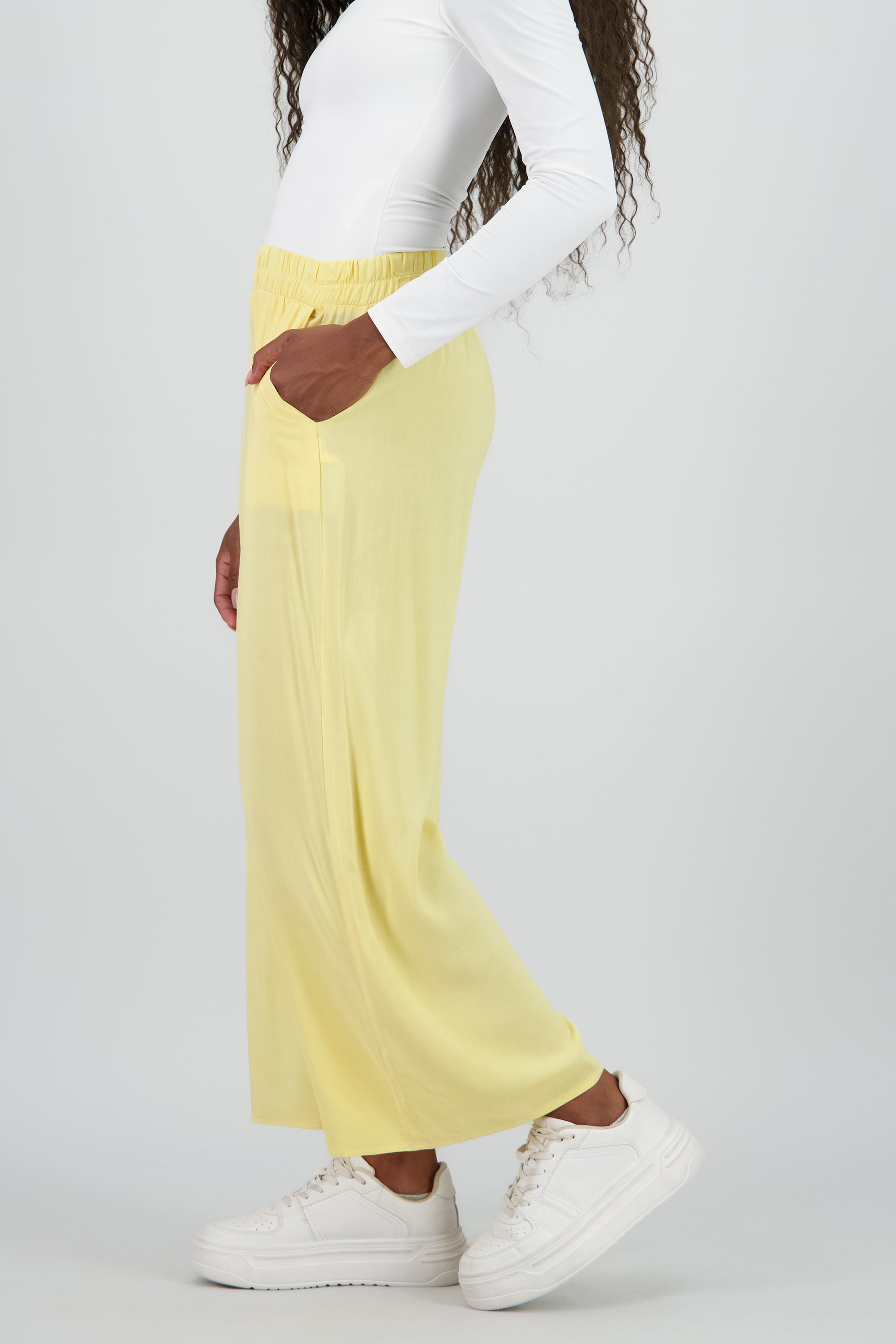 Pantalón Wide Leg Cintura Alta Fruncida AMARILLO PASTEL