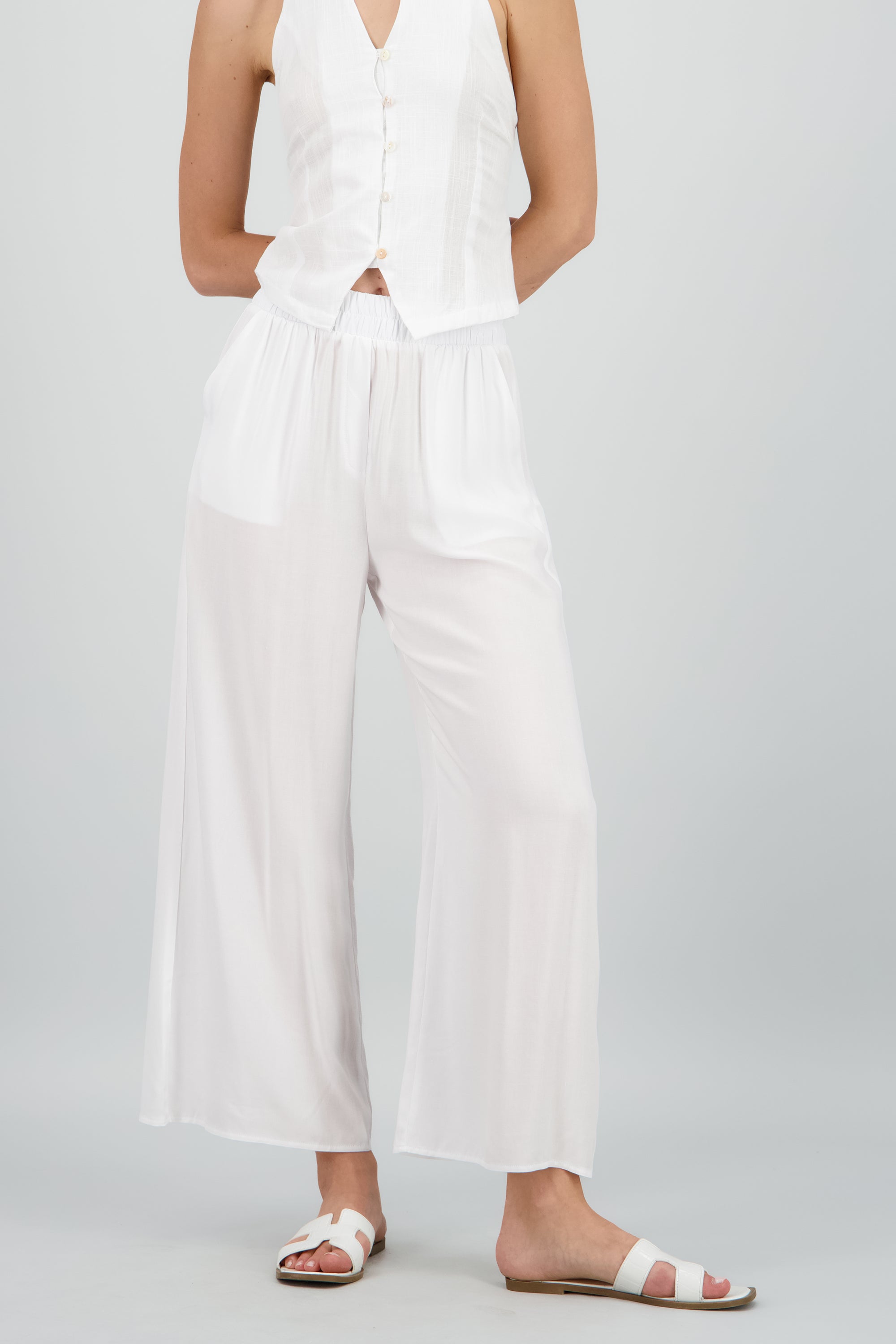 Pantalón Wide Leg Cintura Alta Fruncida BLANCO