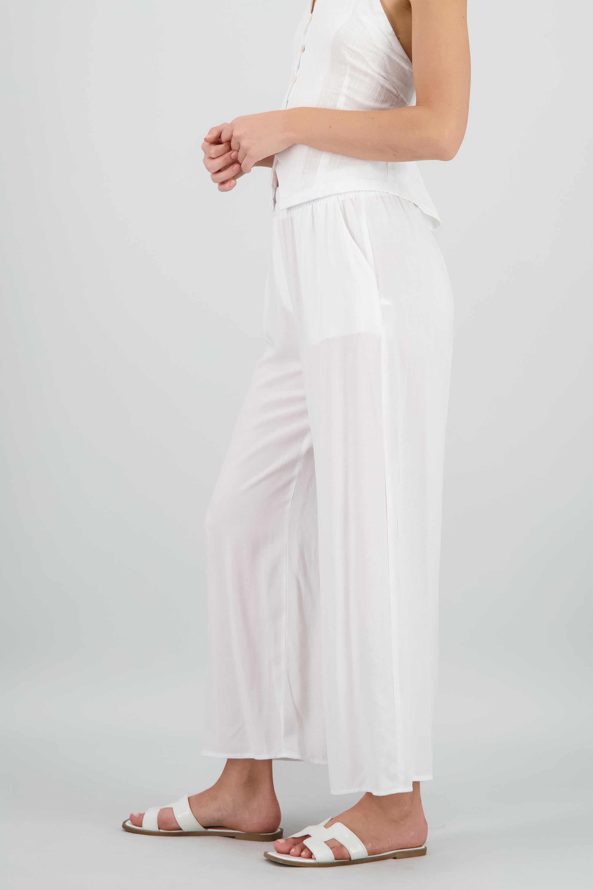 Pantalón Wide Leg Cintura Alta Fruncida BLANCO