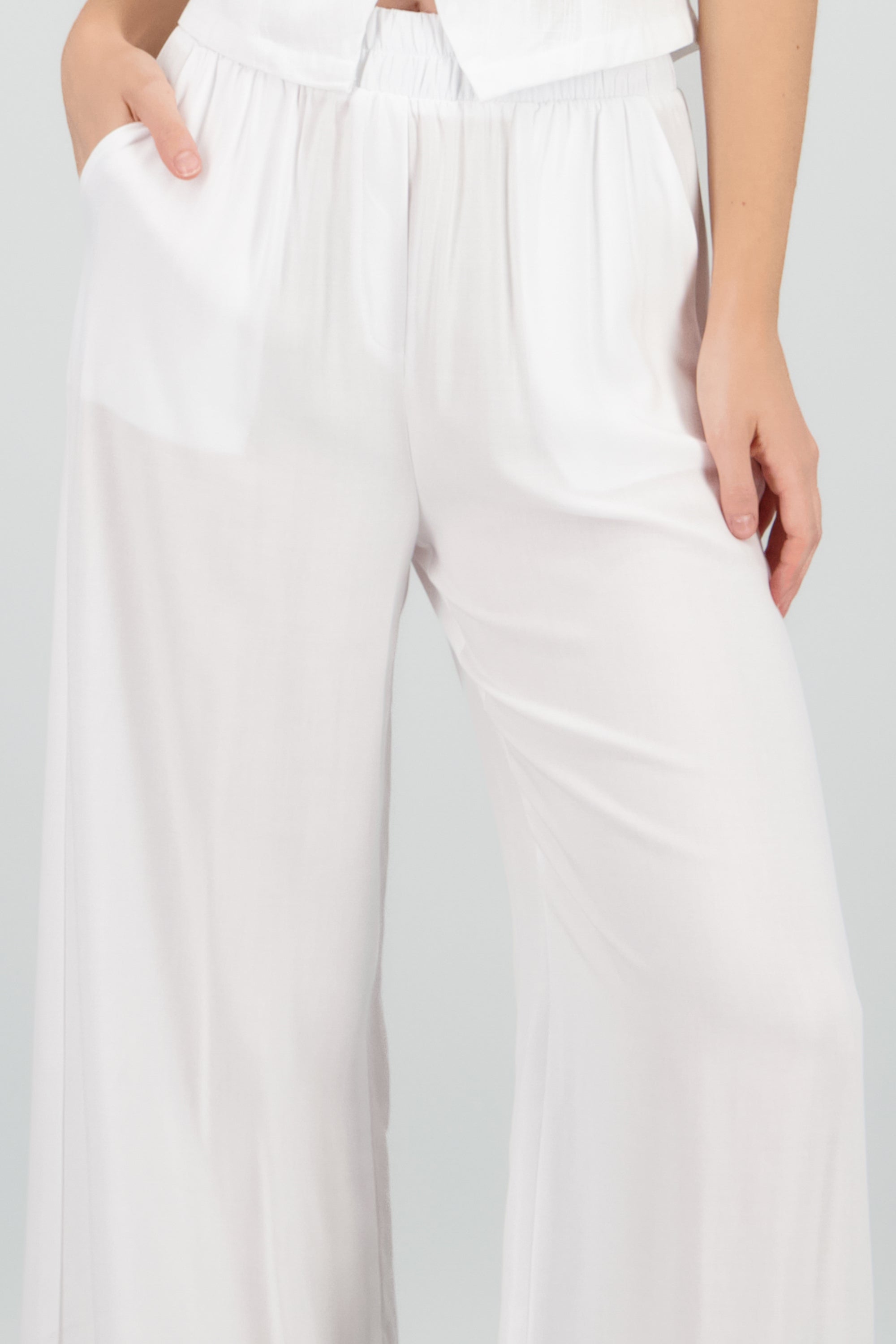 Pantalón Wide Leg Cintura Alta Fruncida BLANCO
