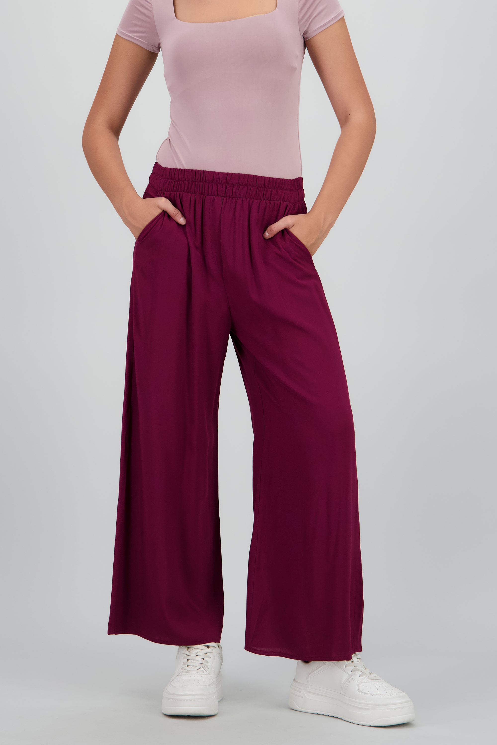 Pantalón Wide Leg Cintura Alta Fruncida CIRUELA