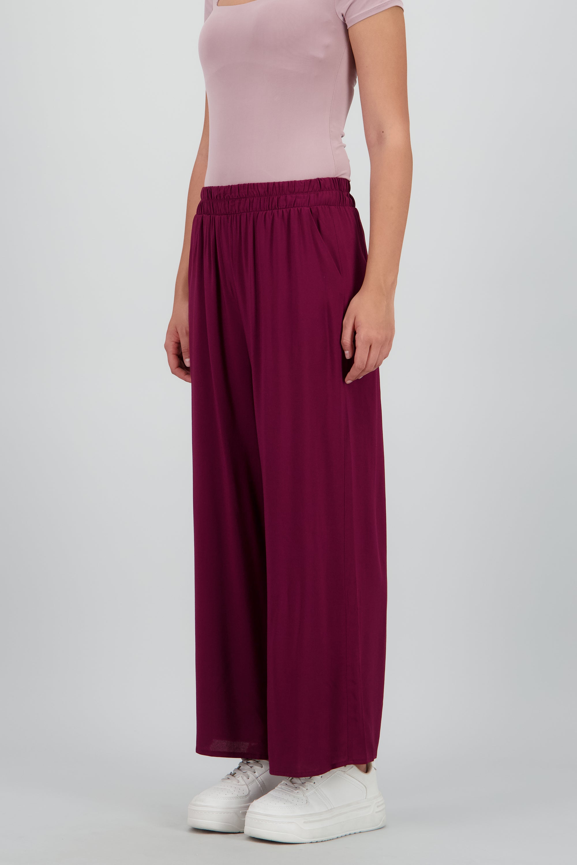Pantalón Wide Leg Cintura Alta Fruncida CIRUELA