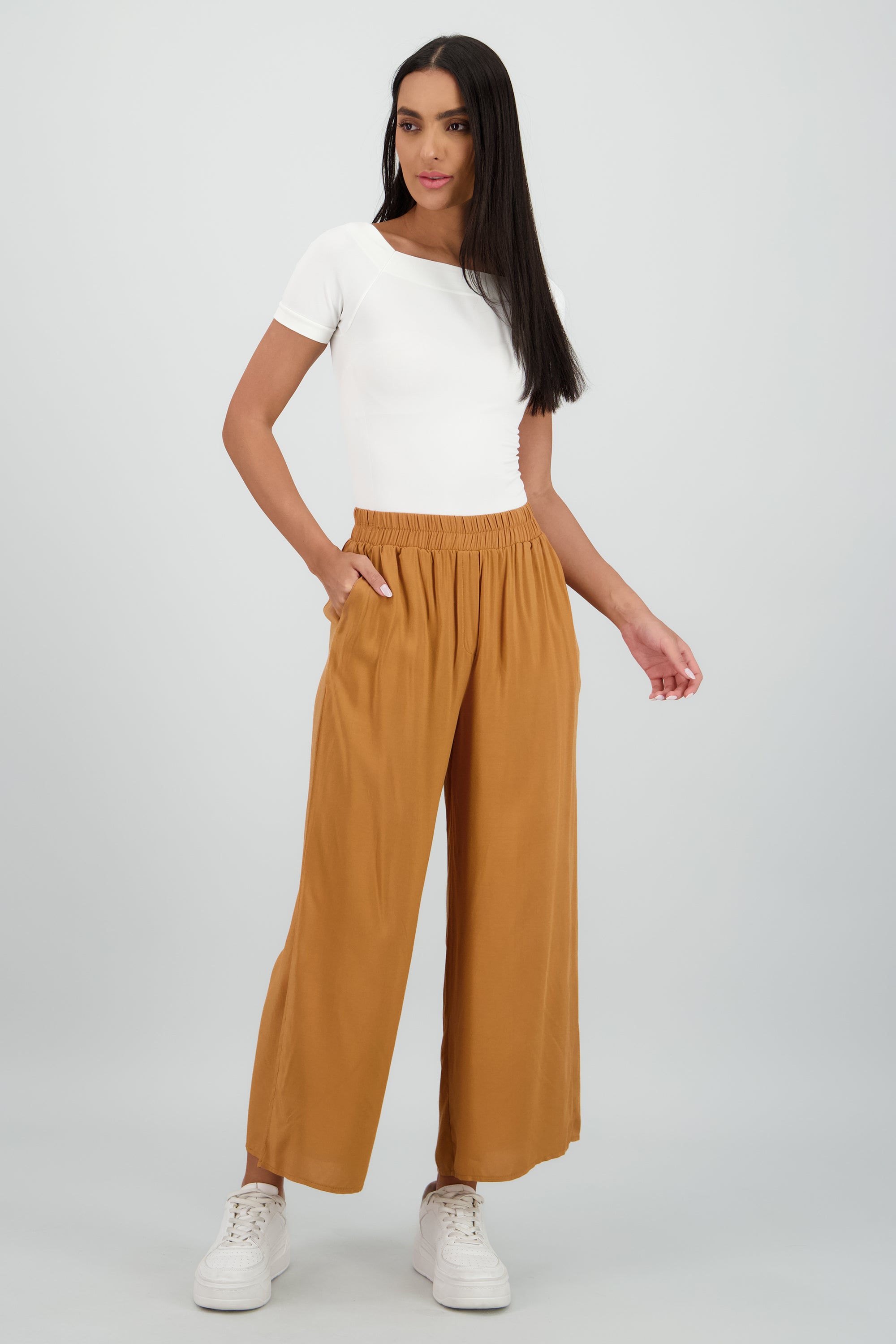 Pantalón Wide Leg Cintura Alta Fruncida CAMELLO
