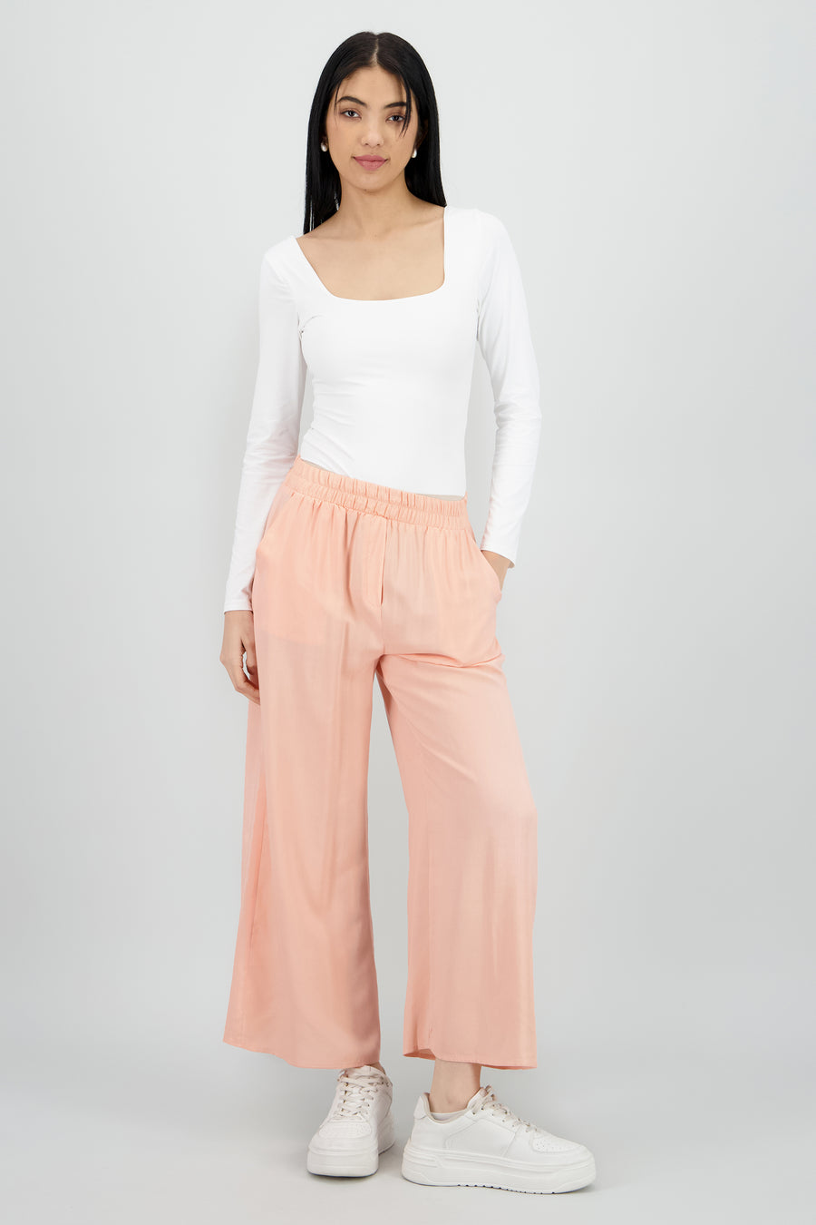 Pantalón Wide Leg Cintura Alta Fruncida