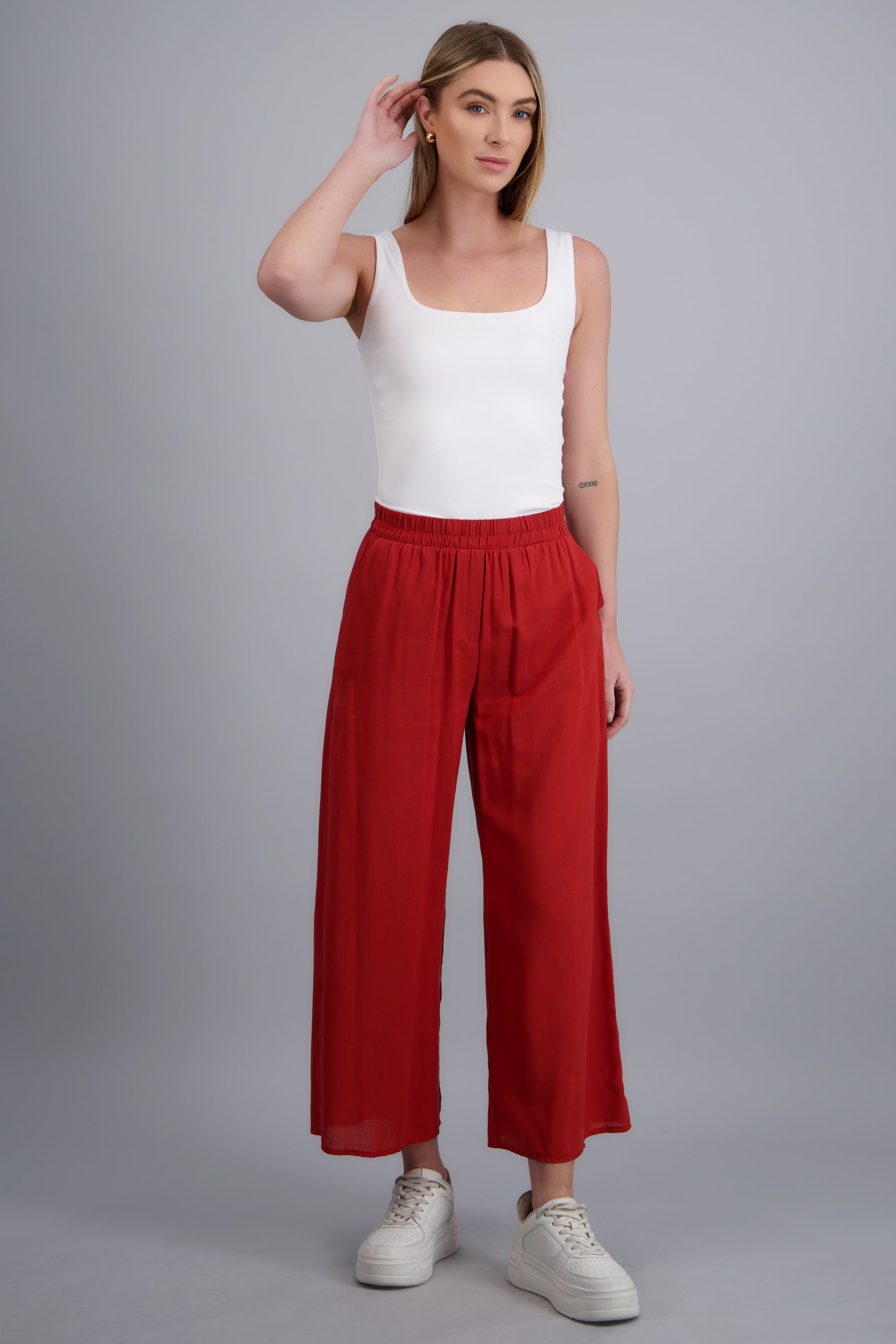 Pantalón Wide Leg Cintura Alta Fruncida LADRILLO