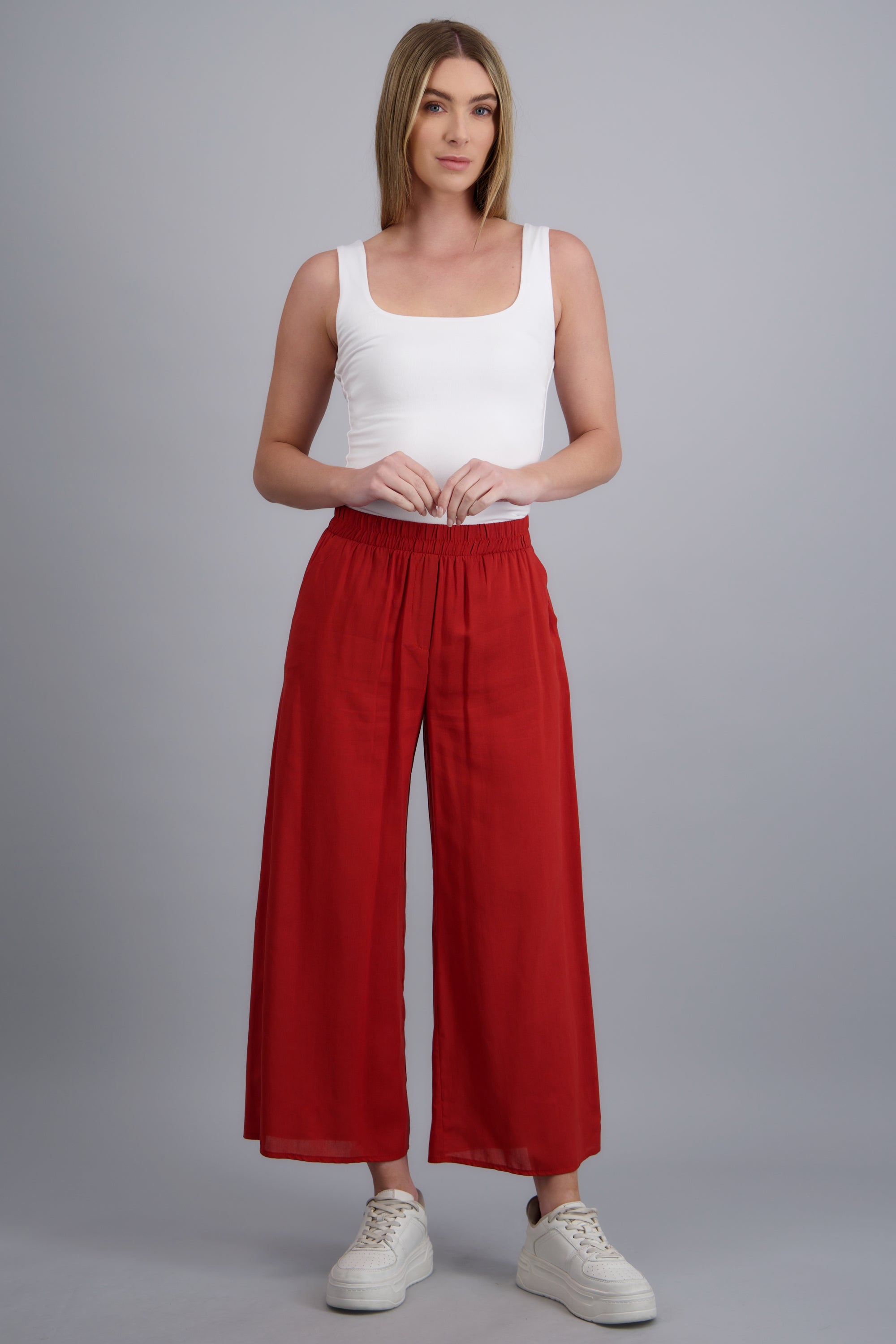 Pantalón Wide Leg Cintura Alta Fruncida LADRILLO