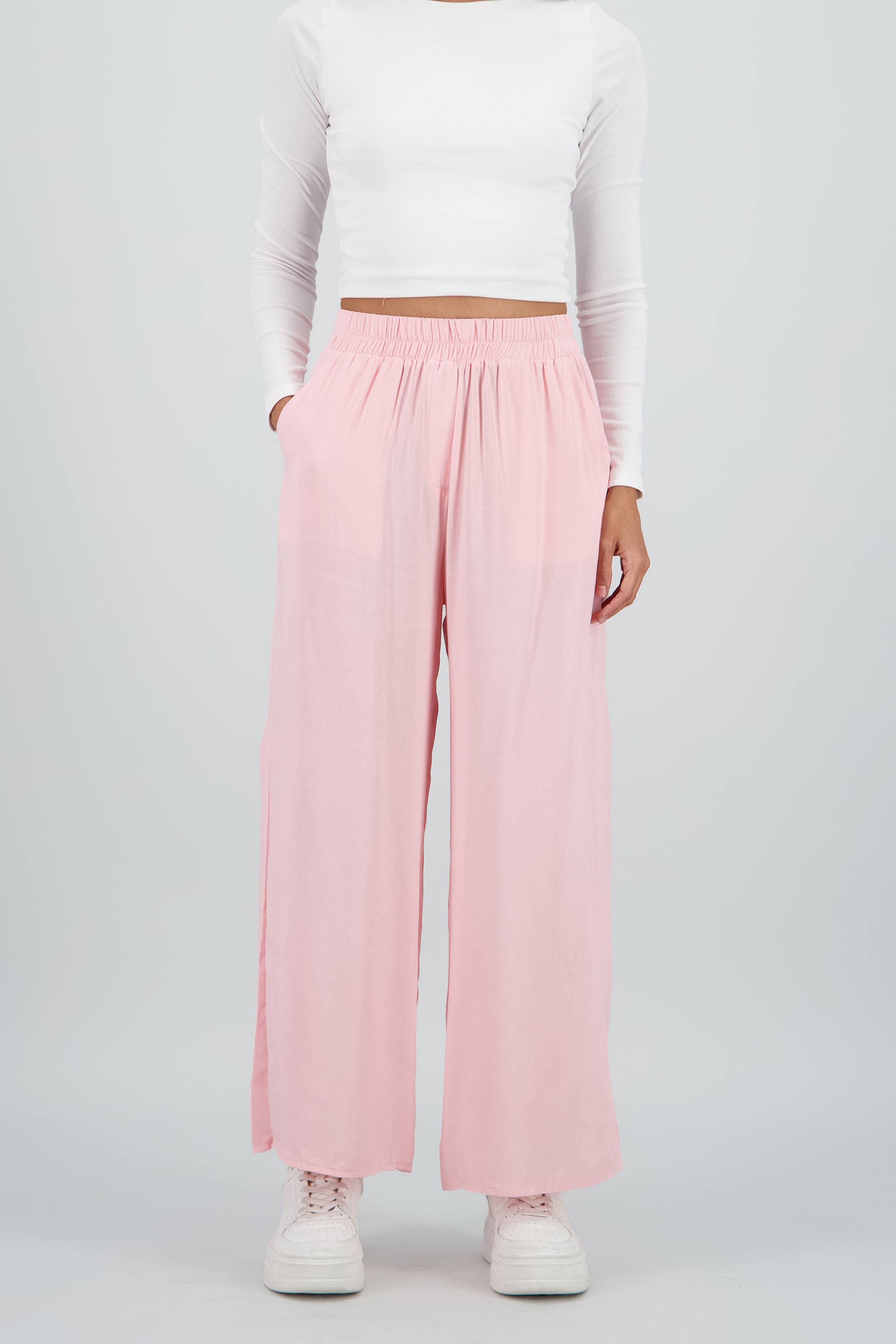 Pantalón Wide Leg Cintura Alta Fruncida ROSA PASTEL