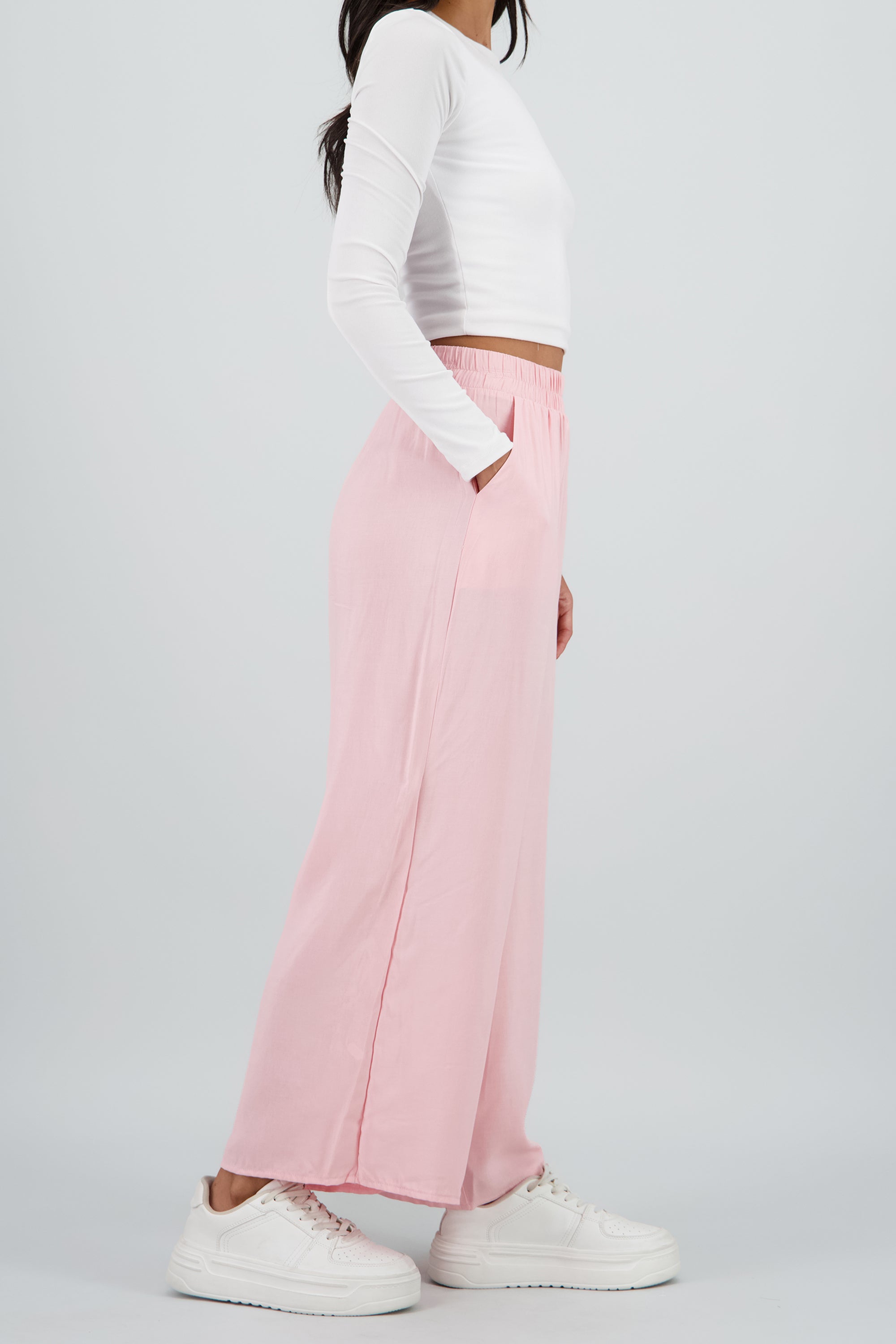 Pantalón Wide Leg Cintura Alta Fruncida ROSA PASTEL