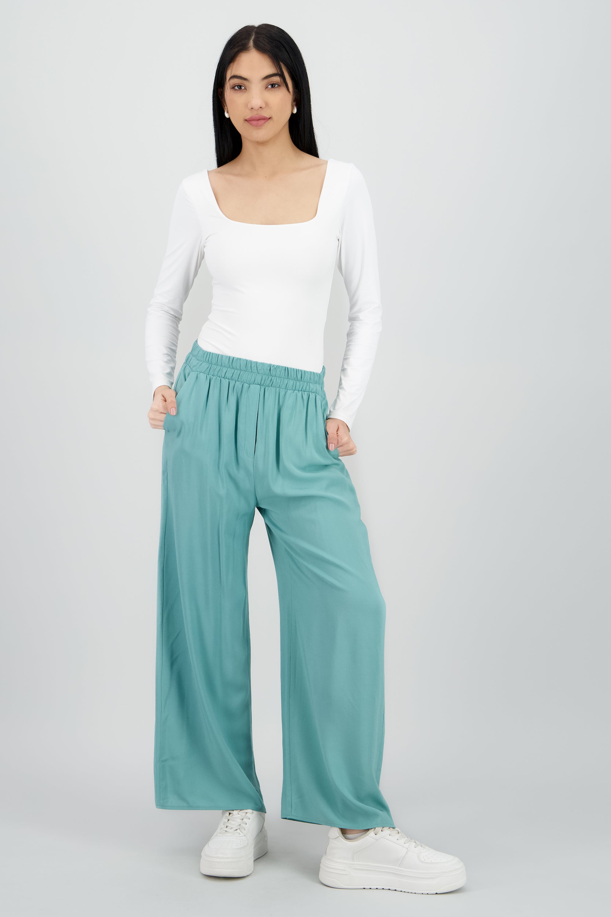 Pantalón Wide Leg Cintura Alta Fruncida VERDE CLARO