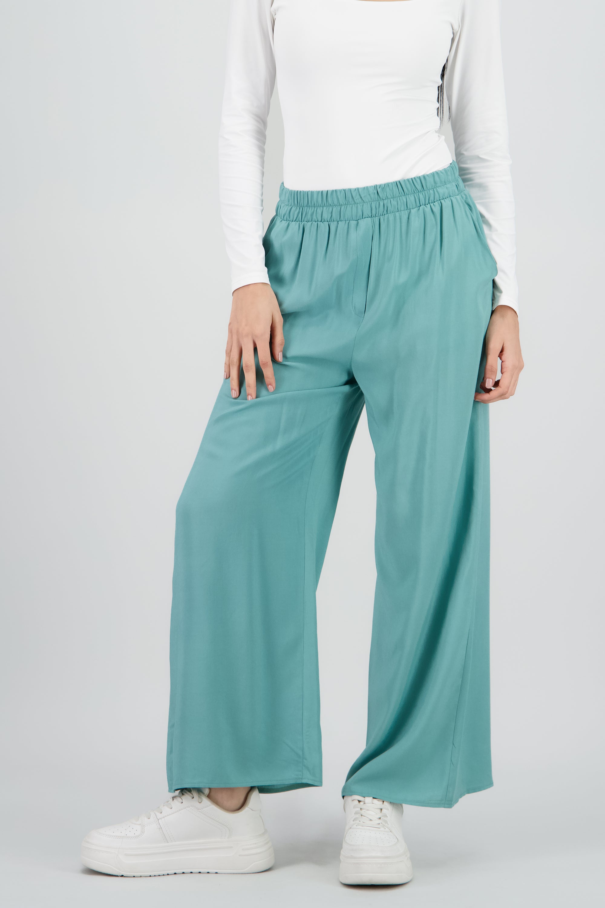 Pantalón Wide Leg Cintura Alta Fruncida VERDE CLARO