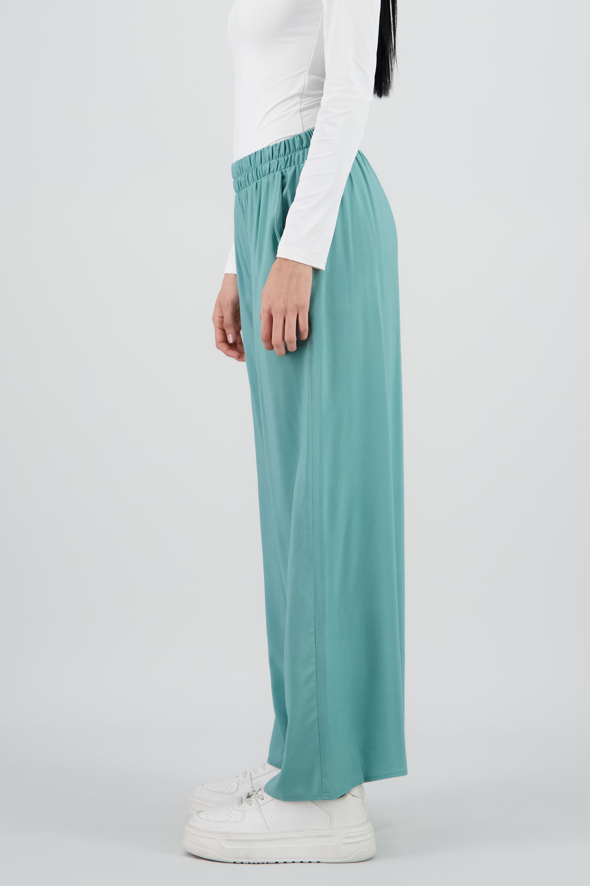 Pantalón Wide Leg Cintura Alta Fruncida VERDE CLARO