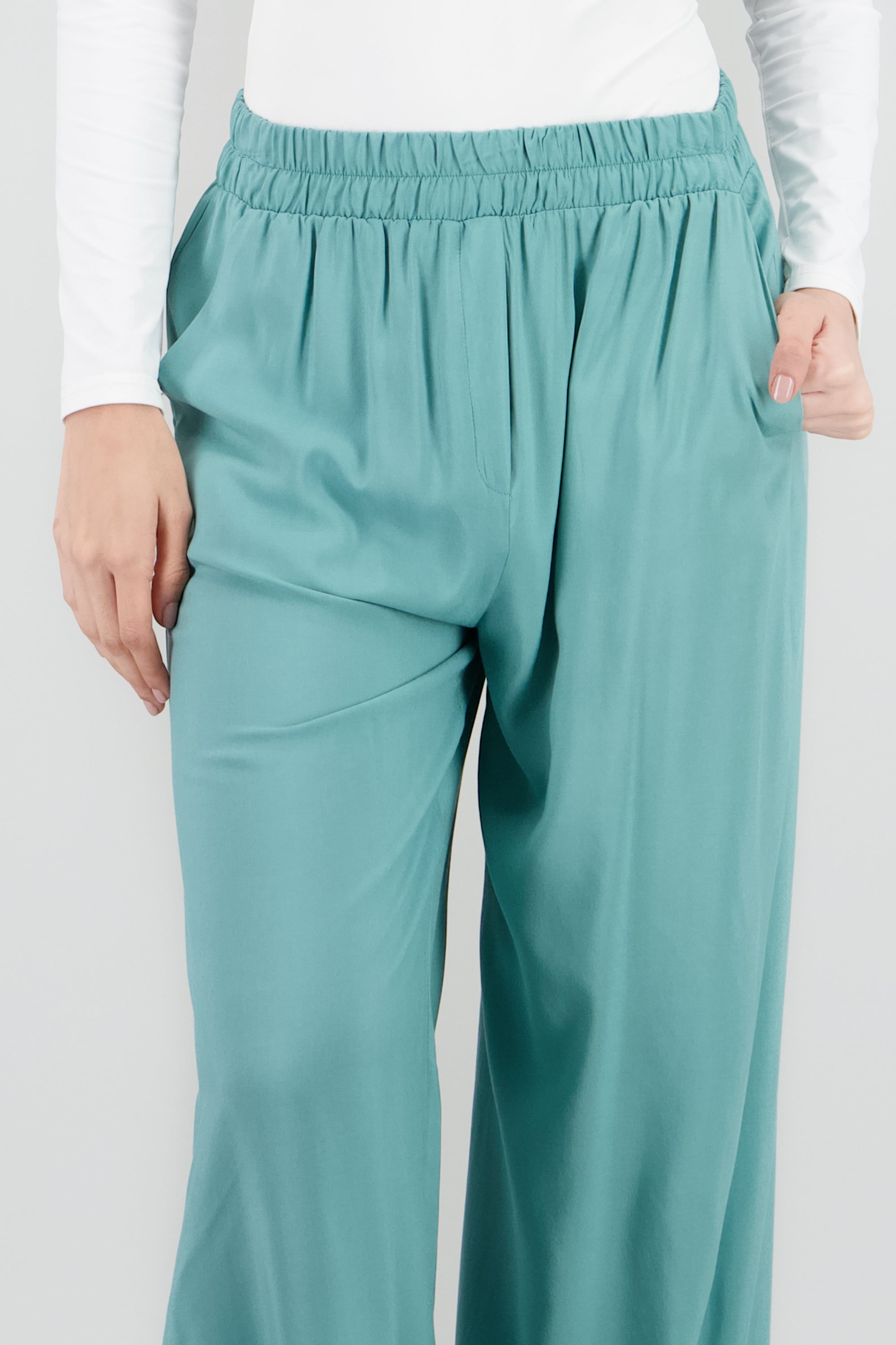 Pantalón Wide Leg Cintura Alta Fruncida VERDE CLARO